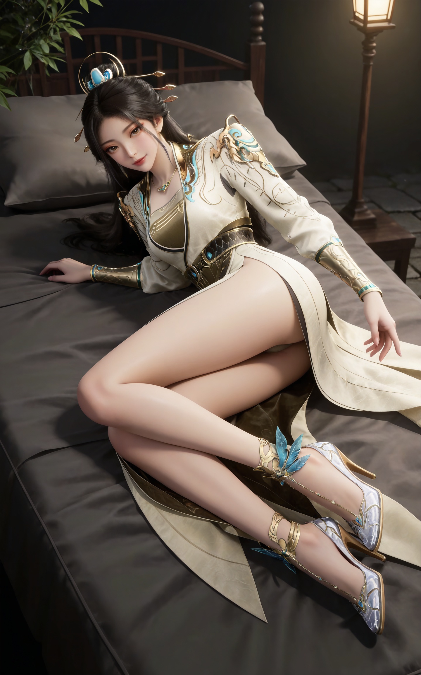 masterpiece,high quality,tall,game cg,highres,(soft light:1.2),(white_skin:0.6),(shiny_skin:0.6),(realistic:1.1),
black hair,long hair,brown eyes,hair_ornament,hair_bun,necklace,raoxi white and gold dress,long_sleeves,1girl,solo,jewelry,high_heels,
black_background,simple background,outdoor,looking at viewer,lying,bed,