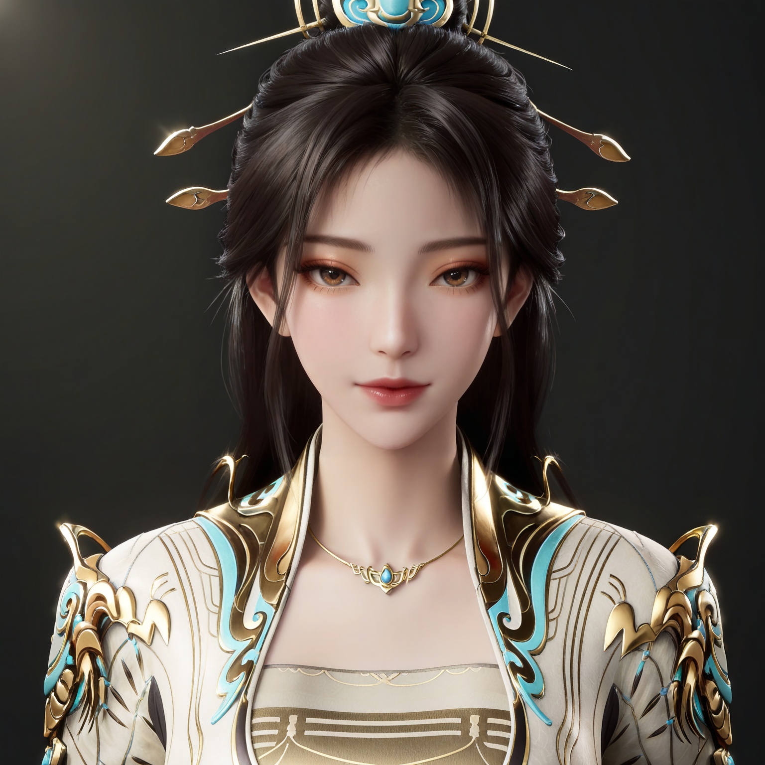masterpiece,high quality,tall,game cg,highres,(soft light:1.2),(white_skin:0.6),(shiny_skin:0.6),(realistic:1.1),
black hair,long hair,brown eyes,hair_ornament,hair_bun,necklace,raoxi white and gold dress,long_sleeves,1girl,solo,jewelry,
black_background,simple background,outdoor,looking at viewer,upper body,