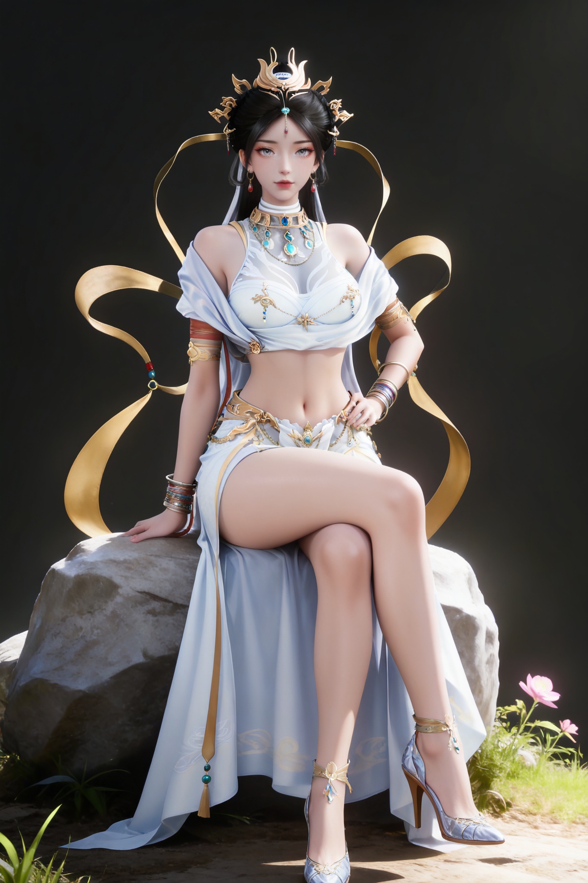 masterpiece,high quality,tall,game cg,highres,(soft light:1.2),(white_skin:0.6),(shiny_skin:0.6),(realistic:1.1),
black hair,long hair,grey eyes,hair_bun,hair_ornament,earrings,necklace,sash,forehead_jewel,crop_top,midriff,navel,see-through cleavage,1girl,solo,bracelet,white skirt,high_heels,full body,,
black_background,simple background,outdoor,looking at viewer,sitting on stone,hand on hip,legs,long legs,crossed legs