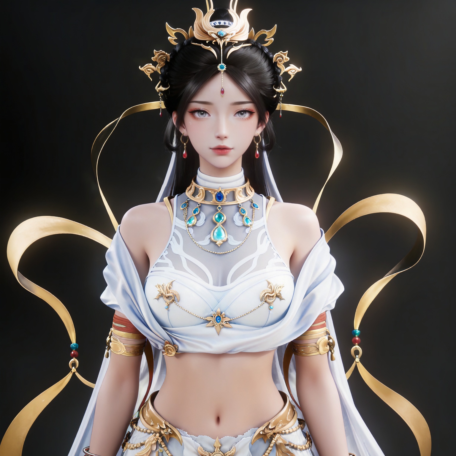 masterpiece,high quality,tall,game cg,highres,(soft light:1.2),(white_skin:0.6),(shiny_skin:0.6),(realistic:1.1),
black hair,long hair,grey eyes,hair_bun,hair_ornament,earrings,necklace,sash,forehead_jewel,crop_top,midriff,navel,see-through cleavage,1girl,solo,bracelet,white skirt,
black_background,simple background,outdoor,looking at viewer,upper body,
