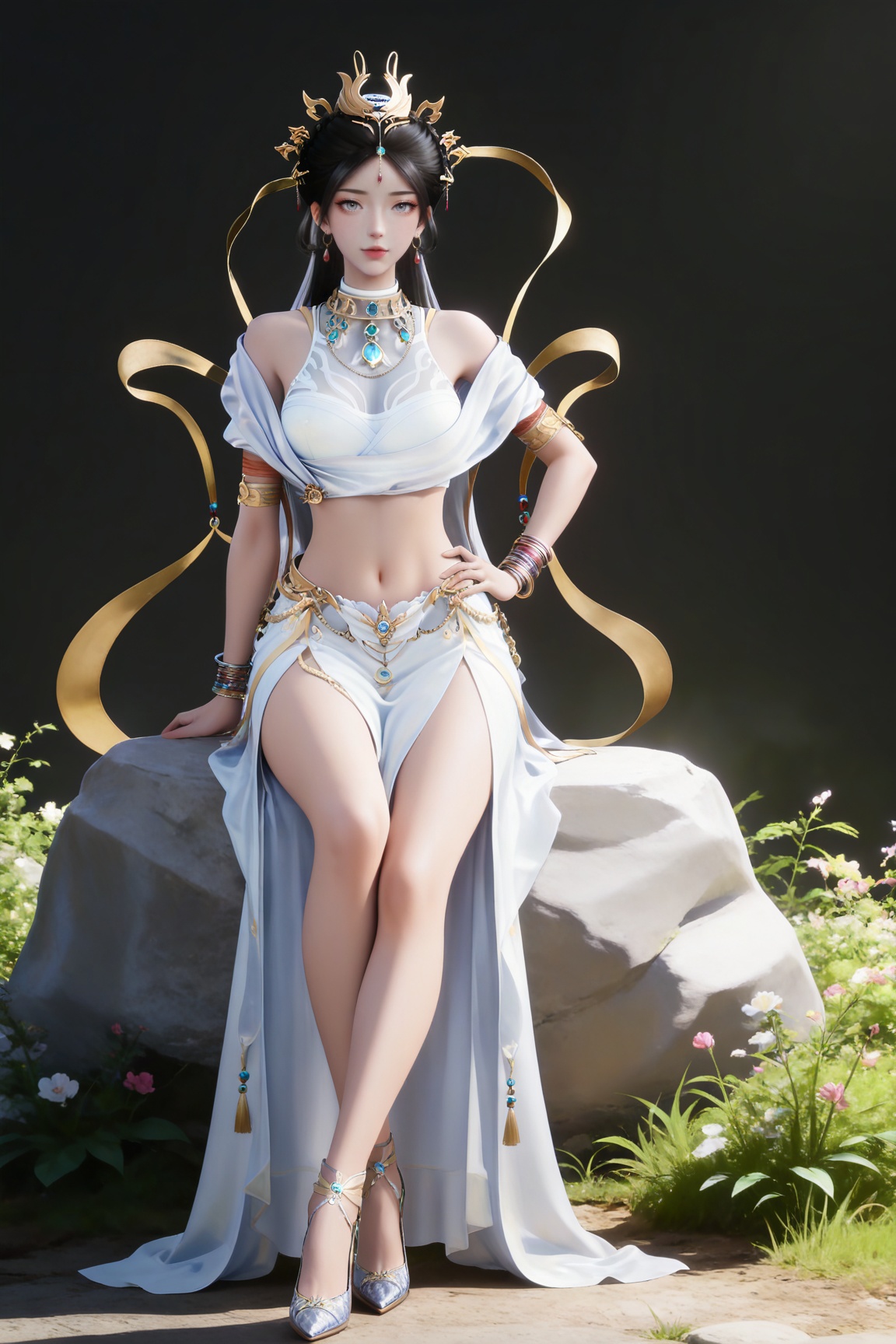 masterpiece,high quality,tall,game cg,highres,(soft light:1.2),(white_skin:0.6),(shiny_skin:0.6),(realistic:1.1),
black hair,long hair,grey eyes,hair_bun,hair_ornament,earrings,necklace,sash,forehead_jewel,crop_top,midriff,navel,see-through cleavage,1girl,solo,bracelet,white skirt,high_heels,full body,,
black_background,simple background,outdoor,looking at viewer,lying,lying on stone,hand on hip,legs,long legs,crossed legs