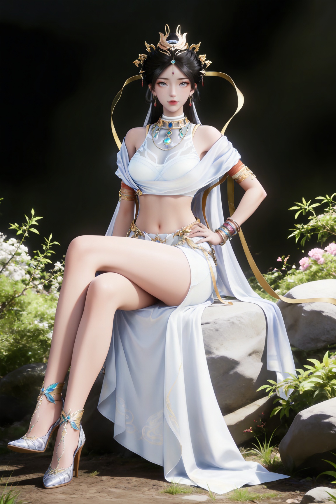 masterpiece,high quality,tall,game cg,highres,(soft light:1.2),(white_skin:0.6),(shiny_skin:0.6),(realistic:1.1),
black hair,long hair,grey eyes,hair_bun,hair_ornament,earrings,necklace,sash,forehead_jewel,crop_top,midriff,navel,see-through cleavage,1girl,solo,bracelet,white skirt,high_heels,full body,,
black_background,simple background,outdoor,looking at viewer,lying,lying on stone,hand on hip,legs,long legs,crossed legs