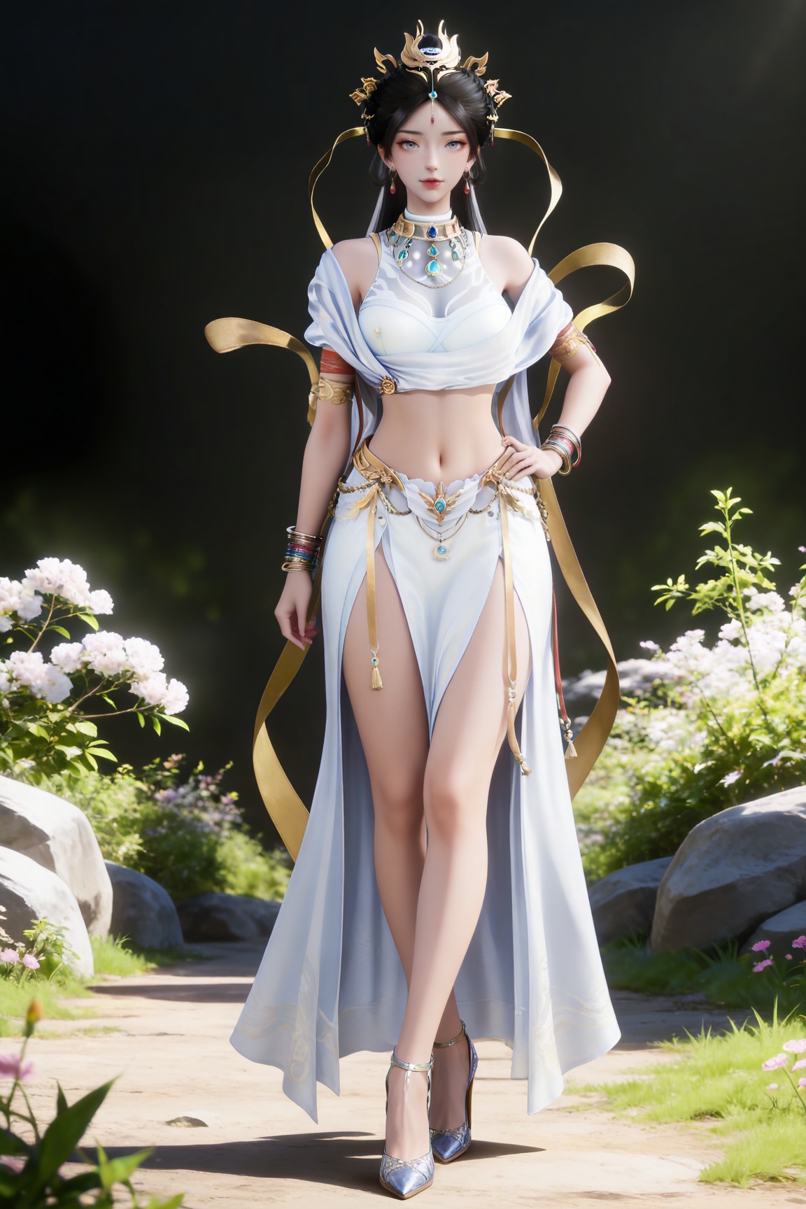 masterpiece,high quality,tall,game cg,highres,(soft light:1.2),(white_skin:0.6),(shiny_skin:0.6),(realistic:1.1),
black hair,long hair,grey eyes,hair_bun,hair_ornament,earrings,necklace,sash,forehead_jewel,crop_top,midriff,navel,see-through cleavage,1girl,solo,bracelet,white skirt,high_heels,full body,,
black_background,simple background,outdoor,looking at viewer,standing,hand on hip,legs,long legs,crossed legs