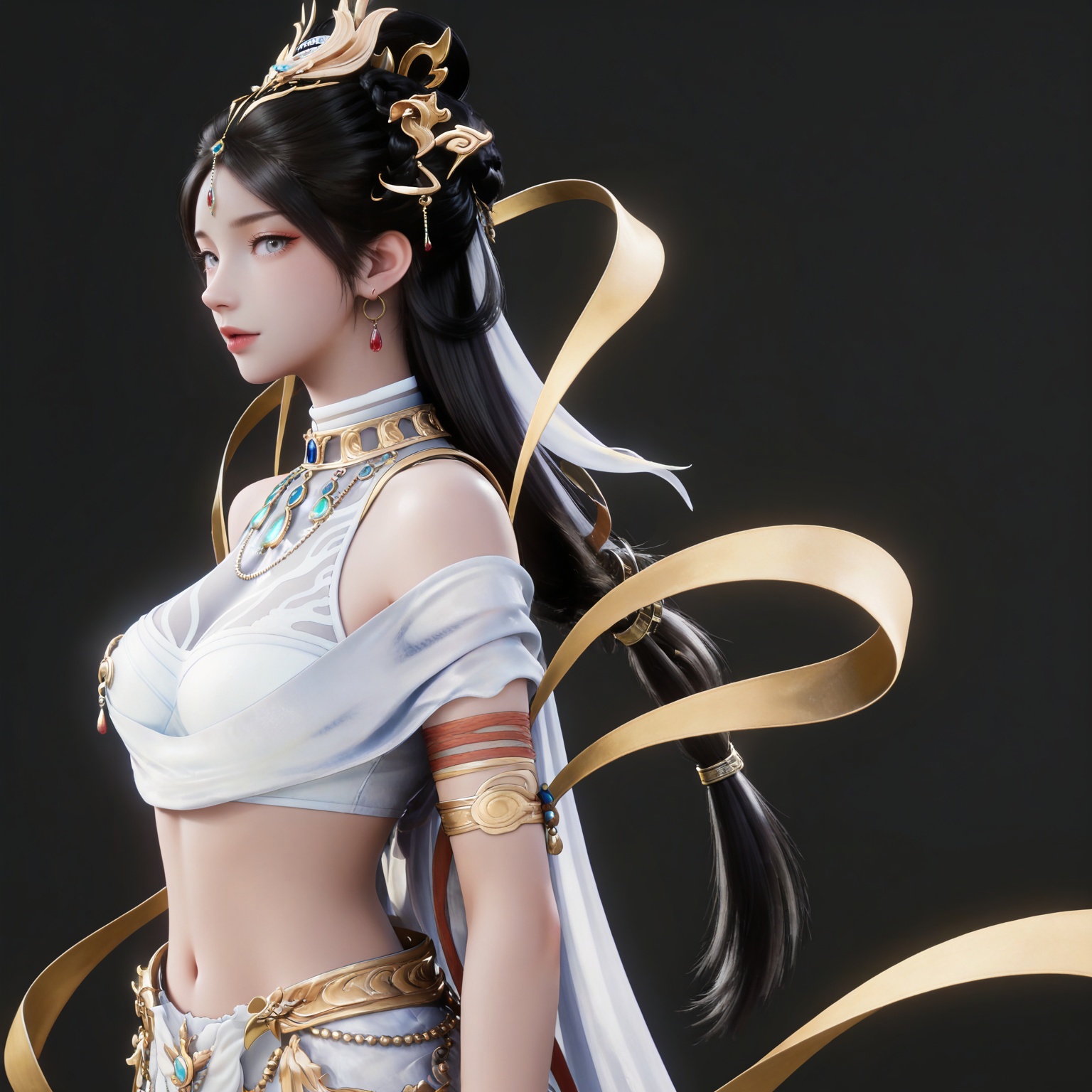 masterpiece,high quality,tall,game cg,highres,(soft light:1.2),(white_skin:0.6),(shiny_skin:0.6),(realistic:1.1),
black hair,long hair,grey eyes,hair_bun,hair_ornament,earrings,necklace,sash,forehead_jewel,crop_top,midriff,navel,see-through cleavage,1girl,solo,bracelet,white skirt,
black_background,simple background,outdoor,looking at viewer,upper body,from side,