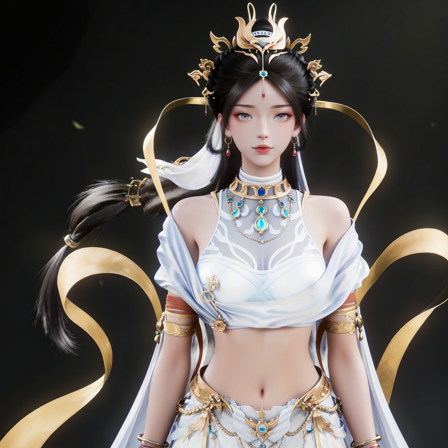 masterpiece,high quality,tall,game cg,highres,(soft light:1.2),(white_skin:0.6),(shiny_skin:0.6),(realistic:1.1),
black hair,long hair,grey eyes,hair_bun,hair_ornament,earrings,necklace,sash,forehead_jewel,crop_top,midriff,navel,see-through cleavage,1girl,solo,bracelet,white skirt,
black_background,simple background,outdoor,looking at viewer,upper body,