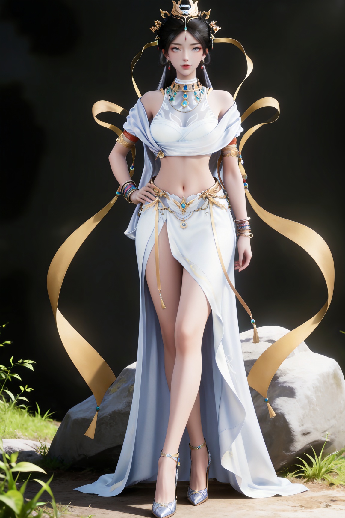 masterpiece,high quality,tall,game cg,highres,(soft light:1.2),(white_skin:0.6),(shiny_skin:0.6),(realistic:1.1),
black hair,long hair,grey eyes,hair_bun,hair_ornament,earrings,necklace,sash,forehead_jewel,crop_top,midriff,navel,see-through cleavage,1girl,solo,bracelet,white skirt,high_heels,full body,,
black_background,simple background,outdoor,looking at viewer,lying,lying on stone,hand on hip,legs,long legs,crossed legs