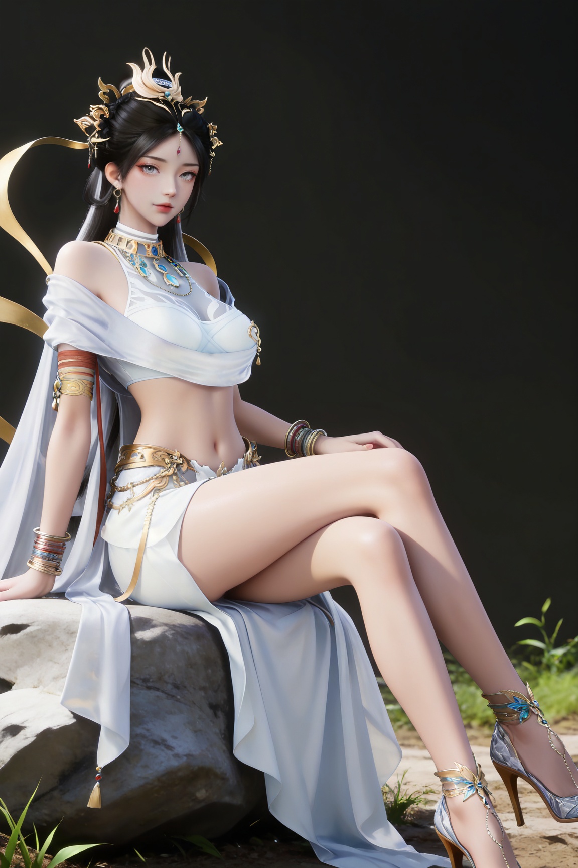 masterpiece,high quality,tall,game cg,highres,(soft light:1.2),(white_skin:0.6),(shiny_skin:0.6),(realistic:1.1),
black hair,long hair,grey eyes,hair_bun,hair_ornament,earrings,necklace,sash,forehead_jewel,crop_top,midriff,navel,see-through cleavage,1girl,solo,bracelet,white skirt,high_heels,full body,,
black_background,simple background,outdoor,looking at viewer,lying,lying on stone,hand on hip,legs,long legs,crossed legs