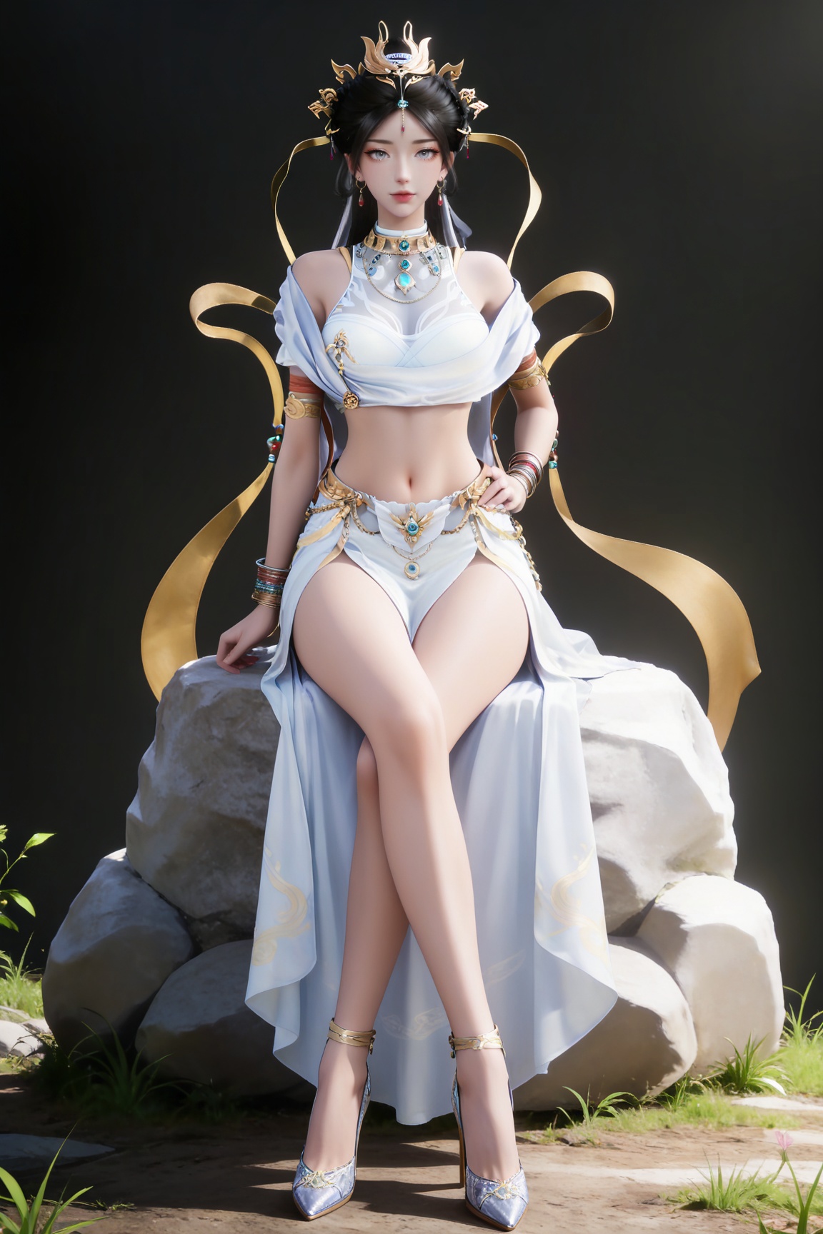 masterpiece,high quality,tall,game cg,highres,(soft light:1.2),(white_skin:0.6),(shiny_skin:0.6),(realistic:1.1),
black hair,long hair,grey eyes,hair_bun,hair_ornament,earrings,necklace,sash,forehead_jewel,crop_top,midriff,navel,see-through cleavage,1girl,solo,bracelet,white skirt,high_heels,full body,,
black_background,simple background,outdoor,looking at viewer,sitting on stone,hand on hip,legs,long legs,crossed legs