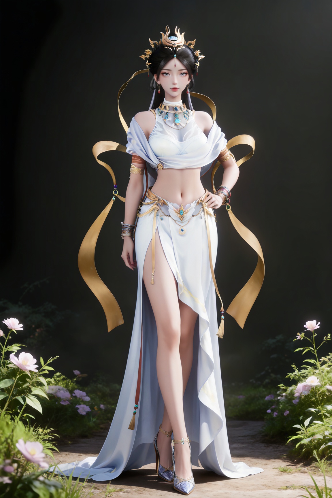 masterpiece,high quality,tall,game cg,highres,(soft light:1.2),(white_skin:0.6),(shiny_skin:0.6),(realistic:1.1),
black hair,long hair,grey eyes,hair_bun,hair_ornament,earrings,necklace,sash,forehead_jewel,crop_top,midriff,navel,see-through cleavage,1girl,solo,bracelet,white skirt,high_heels,full body,,
black_background,simple background,outdoor,looking at viewer,standing,hand on hip,legs,long legs,crossed legs