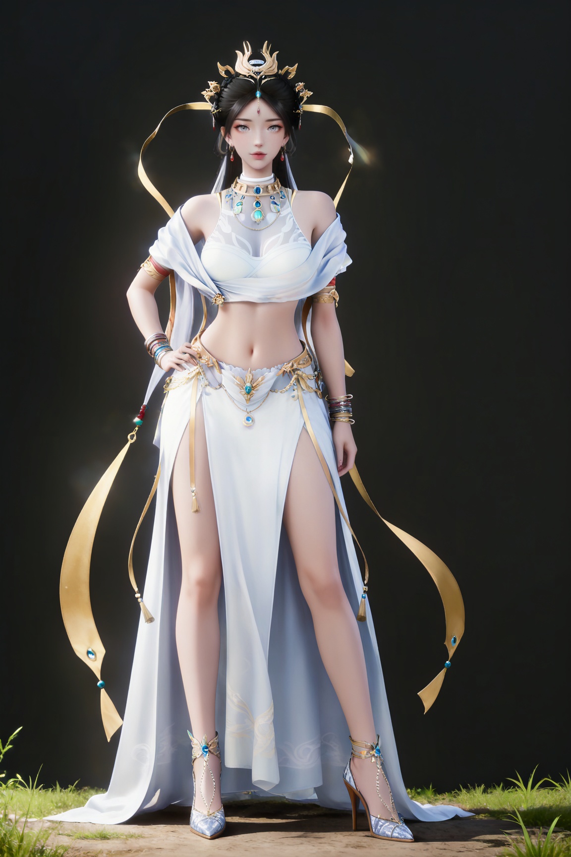 masterpiece,high quality,tall,game cg,highres,(soft light:1.2),(white_skin:0.6),(shiny_skin:0.6),(realistic:1.1),
black hair,long hair,grey eyes,hair_bun,hair_ornament,earrings,necklace,sash,forehead_jewel,crop_top,midriff,navel,see-through cleavage,1girl,solo,bracelet,white skirt,high_heels,full body,,
black_background,simple background,outdoor,looking at viewer,standing,hand on hip,