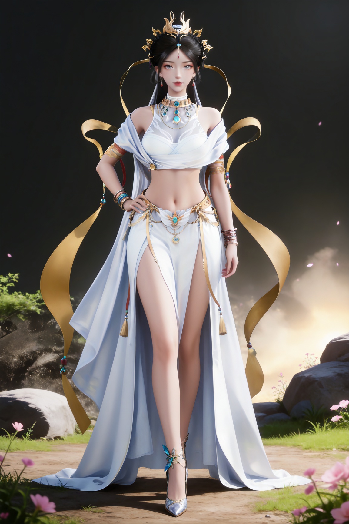 masterpiece,high quality,tall,game cg,highres,(soft light:1.2),(white_skin:0.6),(shiny_skin:0.6),(realistic:1.1),
black hair,long hair,grey eyes,hair_bun,hair_ornament,earrings,necklace,sash,forehead_jewel,crop_top,midriff,navel,see-through cleavage,1girl,solo,bracelet,white skirt,high_heels,full body,,
black_background,simple background,outdoor,looking at viewer,standing,hand on hip,legs,long legs,