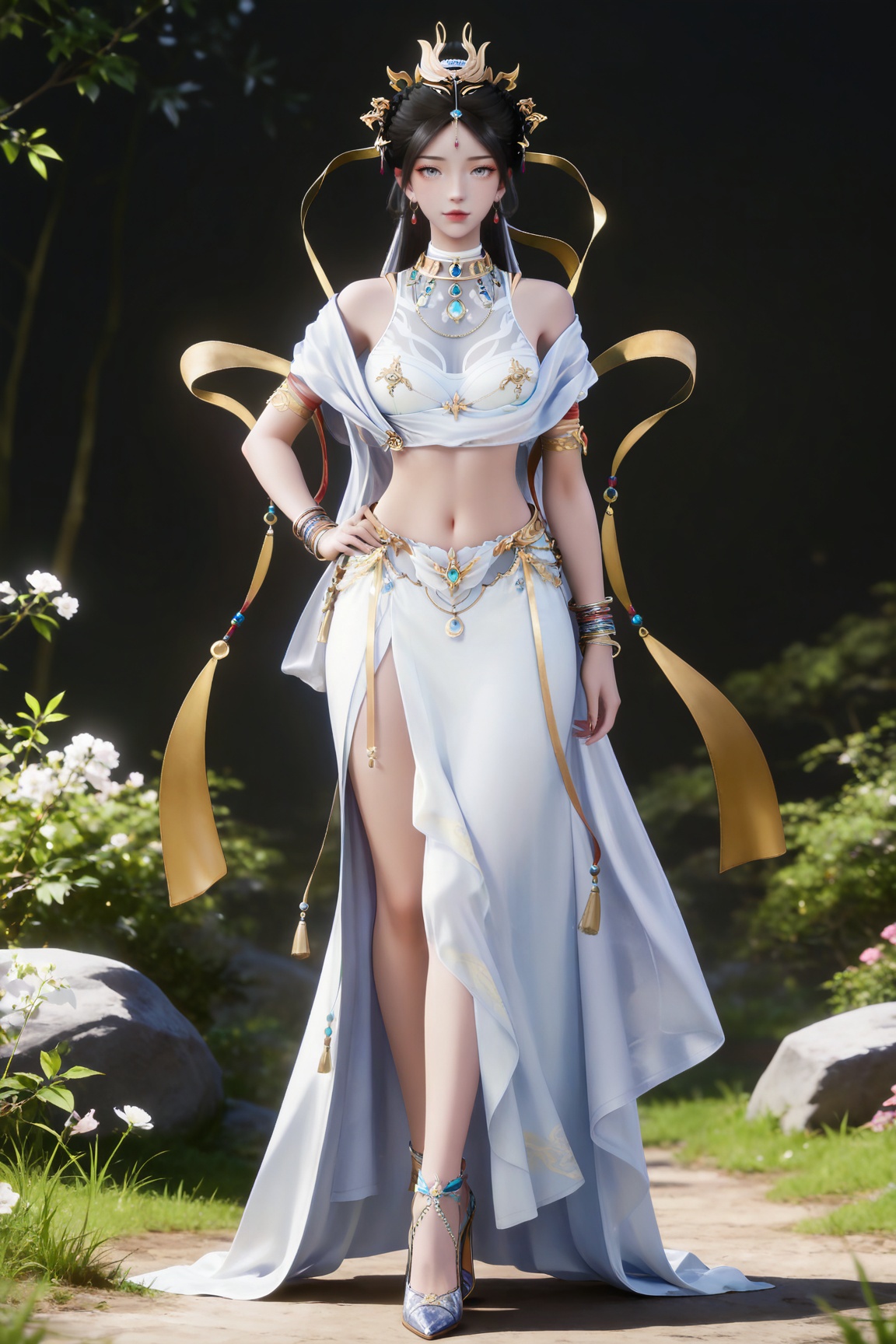 masterpiece,high quality,tall,game cg,highres,(soft light:1.2),(white_skin:0.6),(shiny_skin:0.6),(realistic:1.1),
black hair,long hair,grey eyes,hair_bun,hair_ornament,earrings,necklace,sash,forehead_jewel,crop_top,midriff,navel,see-through cleavage,1girl,solo,bracelet,white skirt,high_heels,full body,,
black_background,simple background,outdoor,looking at viewer,standing,hand on hip,