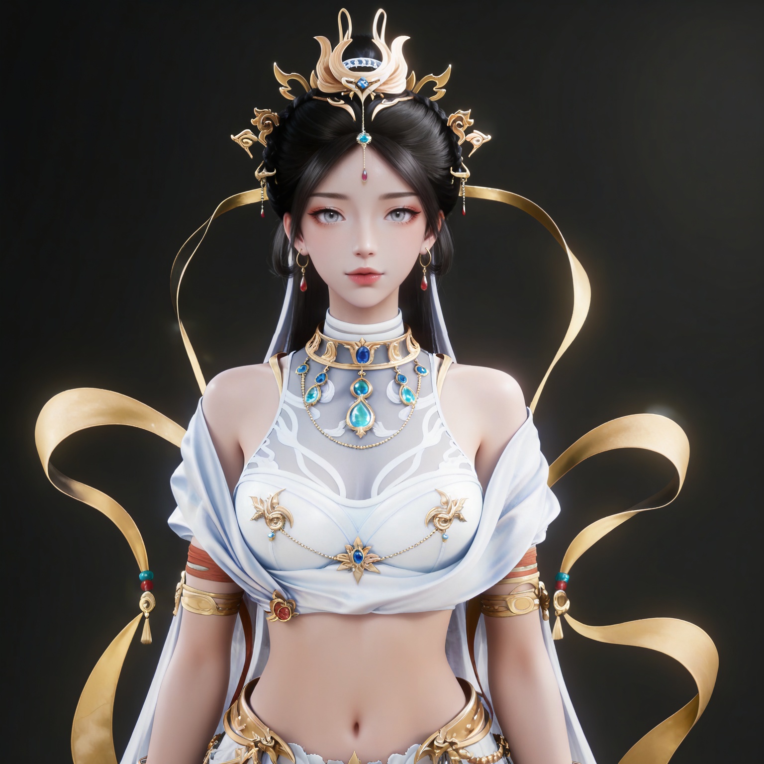 masterpiece,high quality,tall,game cg,highres,(soft light:1.2),(white_skin:0.6),(shiny_skin:0.6),(realistic:1.1),
black hair,long hair,grey eyes,hair_bun,hair_ornament,earrings,necklace,sash,forehead_jewel,crop_top,midriff,navel,see-through cleavage,1girl,solo,bracelet,white skirt,
black_background,simple background,outdoor,looking at viewer,upper body,