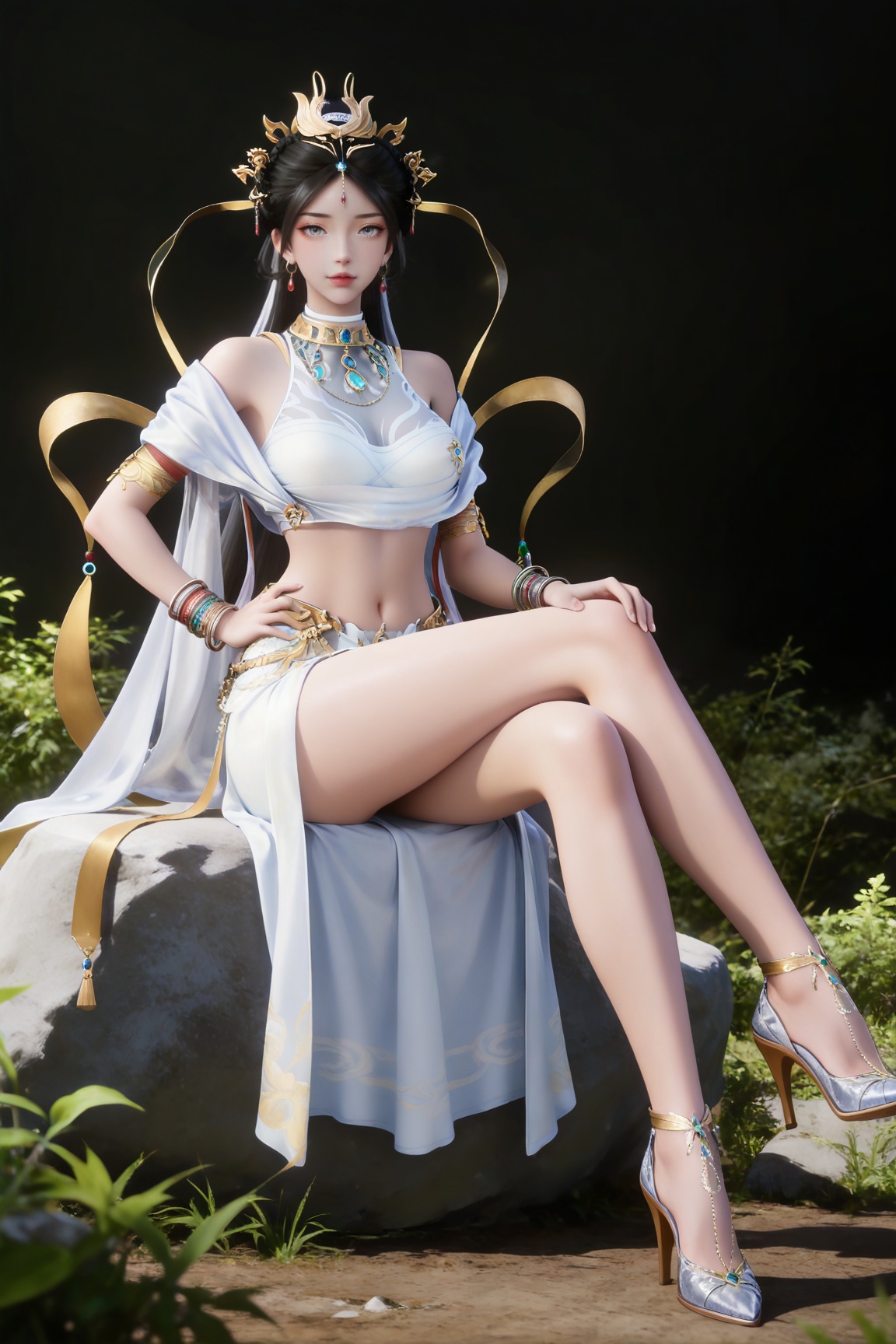 masterpiece,high quality,tall,game cg,highres,(soft light:1.2),(white_skin:0.6),(shiny_skin:0.6),(realistic:1.1),
black hair,long hair,grey eyes,hair_bun,hair_ornament,earrings,necklace,sash,forehead_jewel,crop_top,midriff,navel,see-through cleavage,1girl,solo,bracelet,white skirt,high_heels,full body,,
black_background,simple background,outdoor,looking at viewer,lying,lying on stone,hand on hip,legs,long legs,crossed legs