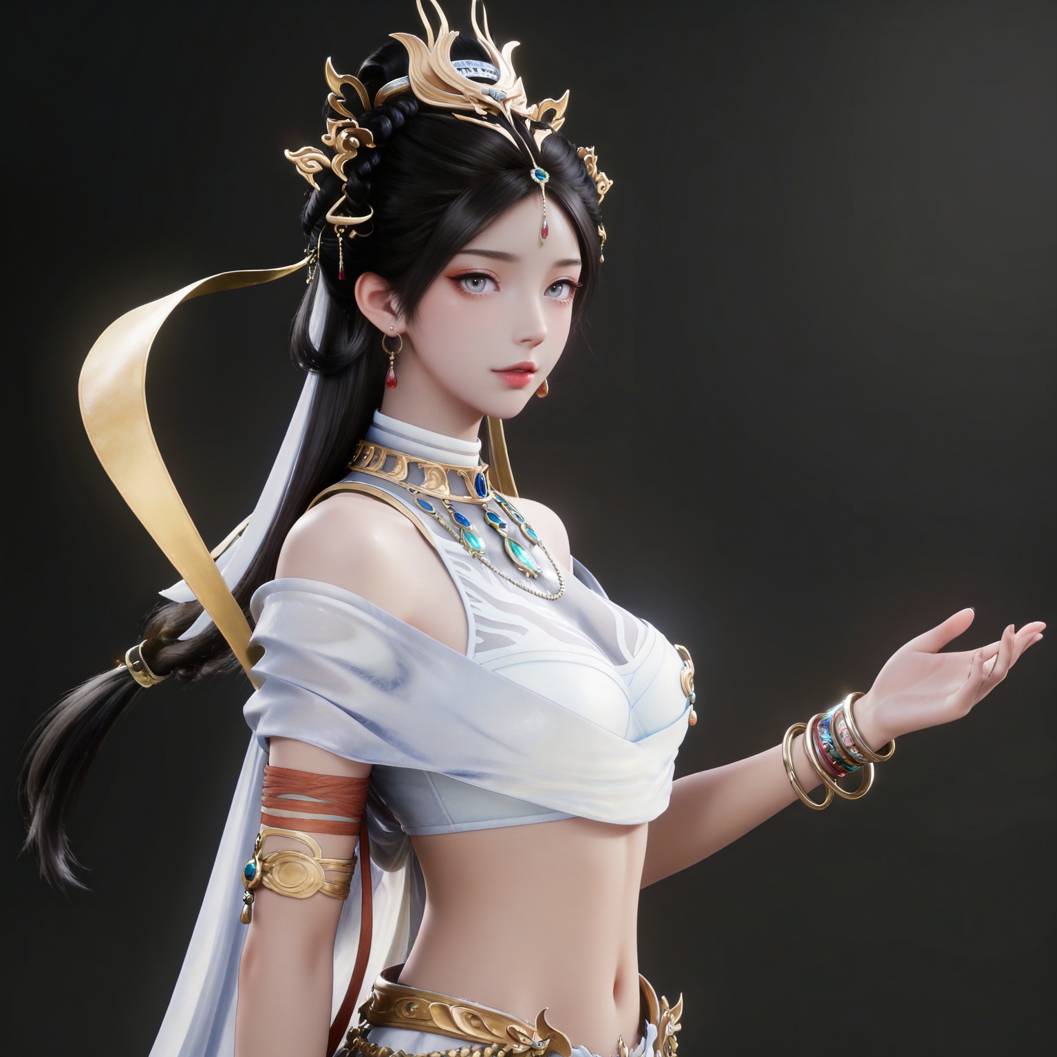 masterpiece,high quality,tall,game cg,highres,(soft light:1.2),(white_skin:0.6),(shiny_skin:0.6),(realistic:1.1),
black hair,long hair,grey eyes,hair_bun,hair_ornament,earrings,necklace,sash,forehead_jewel,crop_top,midriff,navel,see-through cleavage,1girl,solo,bracelet,white skirt,
black_background,simple background,outdoor,looking at viewer,upper body,from side,