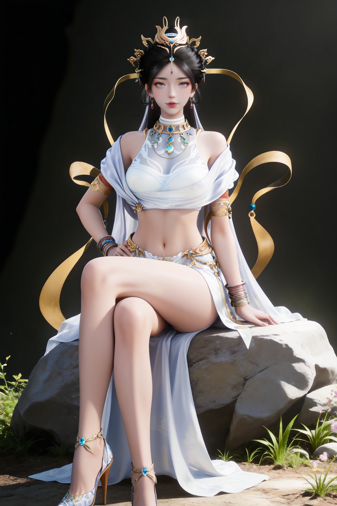 masterpiece,high quality,tall,game cg,highres,(soft light:1.2),(white_skin:0.6),(shiny_skin:0.6),(realistic:1.1),
black hair,long hair,grey eyes,hair_bun,hair_ornament,earrings,necklace,sash,forehead_jewel,crop_top,midriff,navel,see-through cleavage,1girl,solo,bracelet,white skirt,high_heels,full body,,
black_background,simple background,outdoor,looking at viewer,sitting on stone,hand on hip,legs,long legs,crossed legs