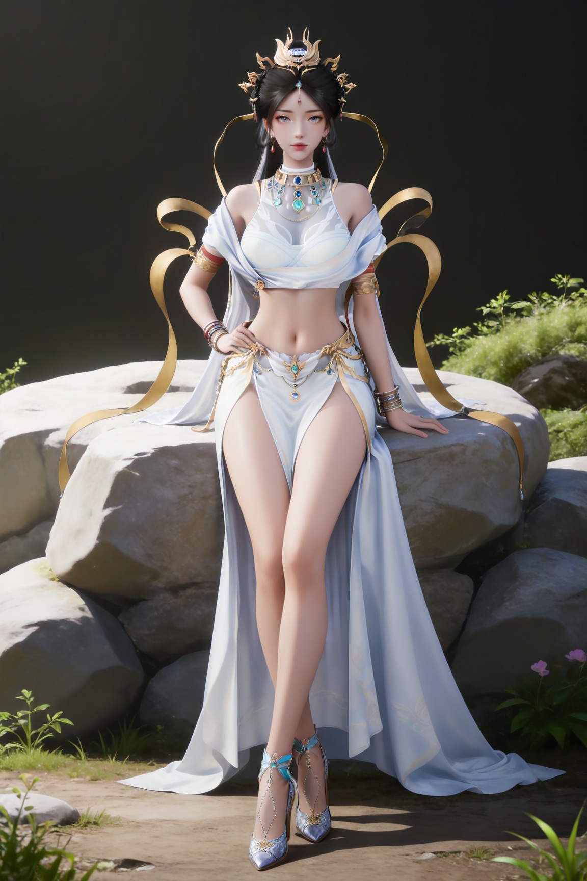 masterpiece,high quality,tall,game cg,highres,(soft light:1.2),(white_skin:0.6),(shiny_skin:0.6),(realistic:1.1),
black hair,long hair,grey eyes,hair_bun,hair_ornament,earrings,necklace,sash,forehead_jewel,crop_top,midriff,navel,see-through cleavage,1girl,solo,bracelet,white skirt,high_heels,full body,,
black_background,simple background,outdoor,looking at viewer,lying,lying on stone,hand on hip,legs,long legs,crossed legs
