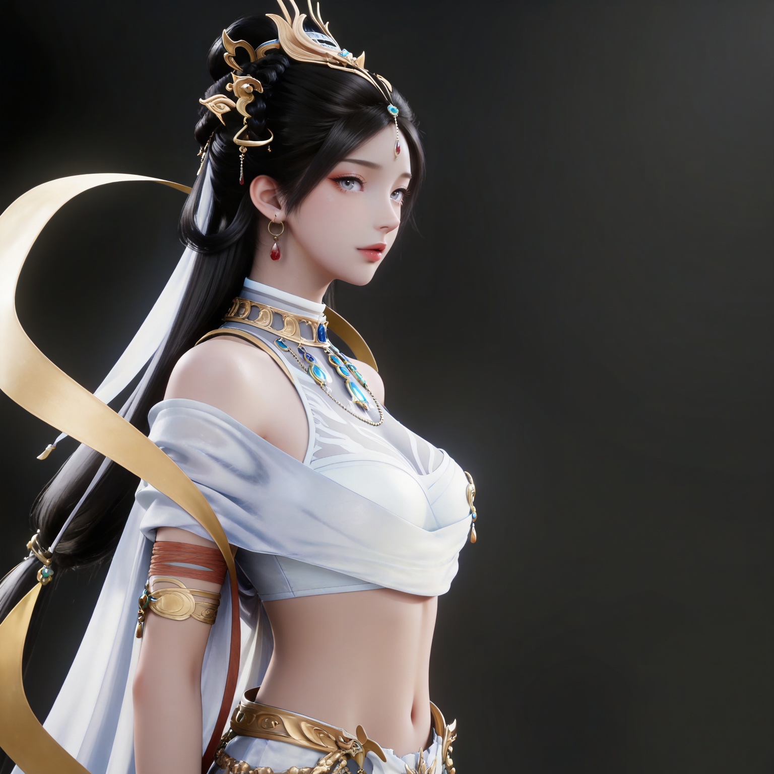 masterpiece,high quality,tall,game cg,highres,(soft light:1.2),(white_skin:0.6),(shiny_skin:0.6),(realistic:1.1),
black hair,long hair,grey eyes,hair_bun,hair_ornament,earrings,necklace,sash,forehead_jewel,crop_top,midriff,navel,see-through cleavage,1girl,solo,bracelet,white skirt,
black_background,simple background,outdoor,looking at viewer,upper body,from side,