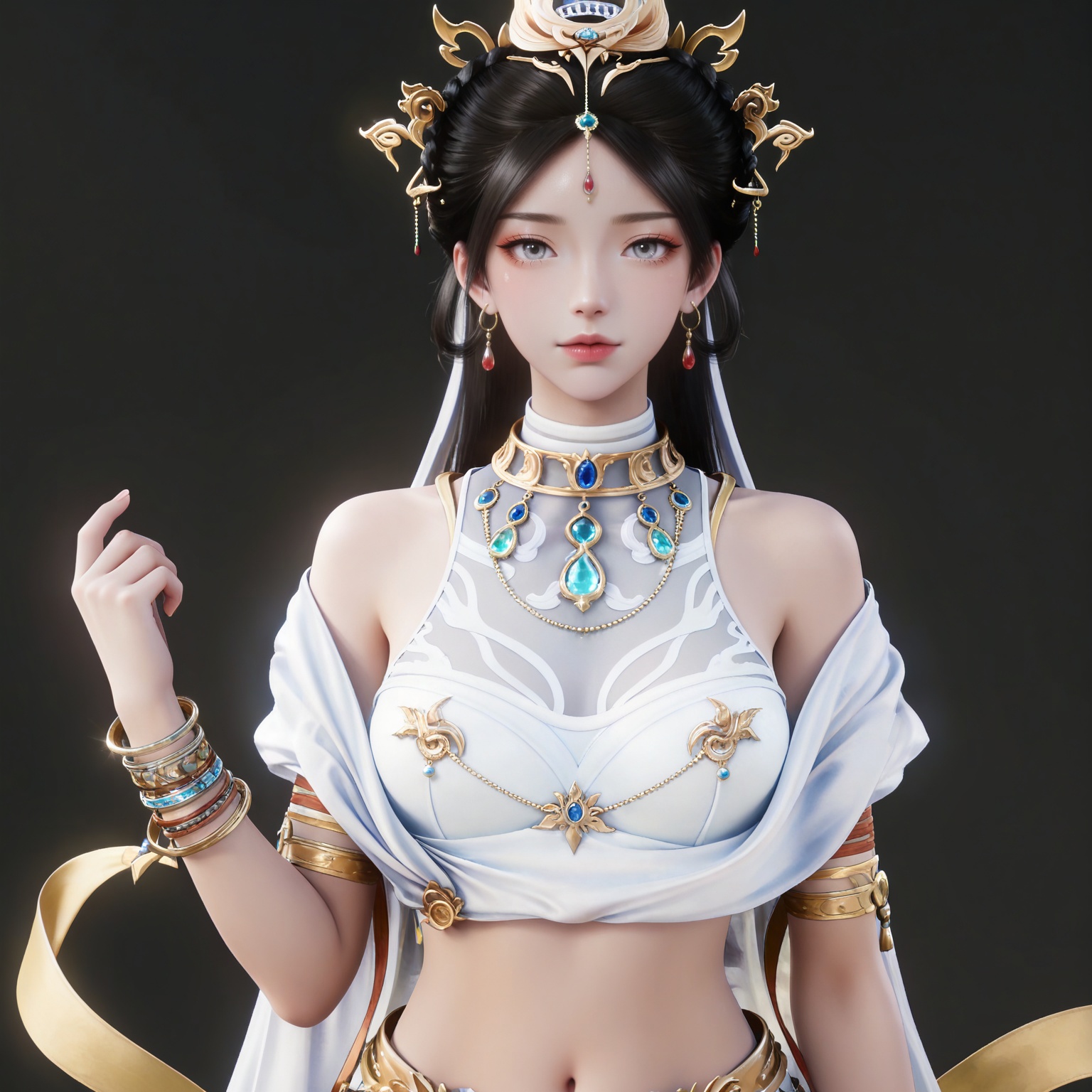 masterpiece,high quality,tall,game cg,highres,(soft light:1.2),(white_skin:0.6),(shiny_skin:0.6),(realistic:1.1),
black hair,long hair,grey eyes,hair_bun,hair_ornament,earrings,necklace,sash,forehead_jewel,crop_top,midriff,navel,see-through cleavage,1girl,solo,bracelet,white skirt,
black_background,simple background,outdoor,looking at viewer,upper body,from side,