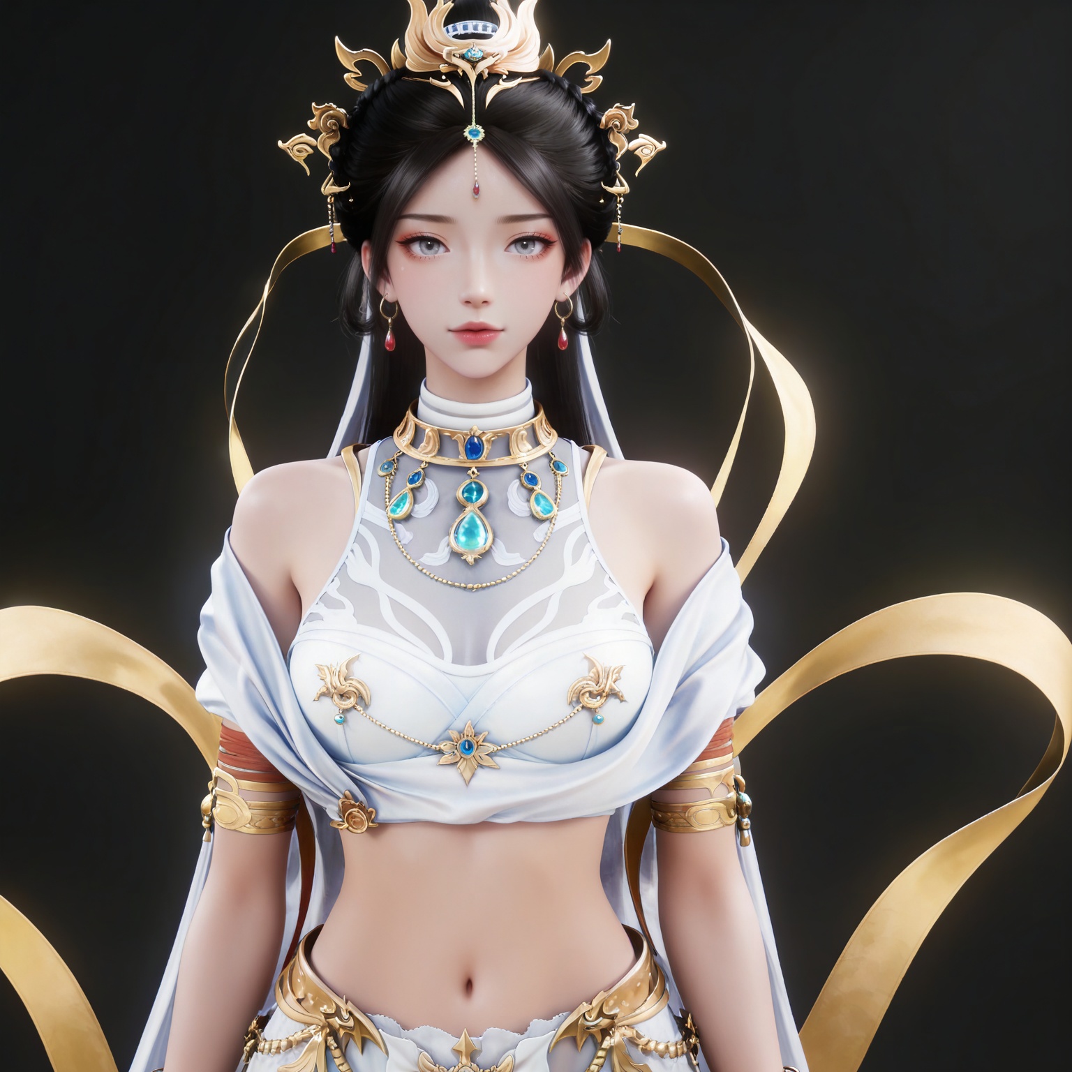 masterpiece,high quality,tall,game cg,highres,(soft light:1.2),(white_skin:0.6),(shiny_skin:0.6),(realistic:1.1),
black hair,long hair,grey eyes,hair_bun,hair_ornament,earrings,necklace,sash,forehead_jewel,crop_top,midriff,navel,see-through cleavage,1girl,solo,bracelet,white skirt,
black_background,simple background,outdoor,looking at viewer,upper body,