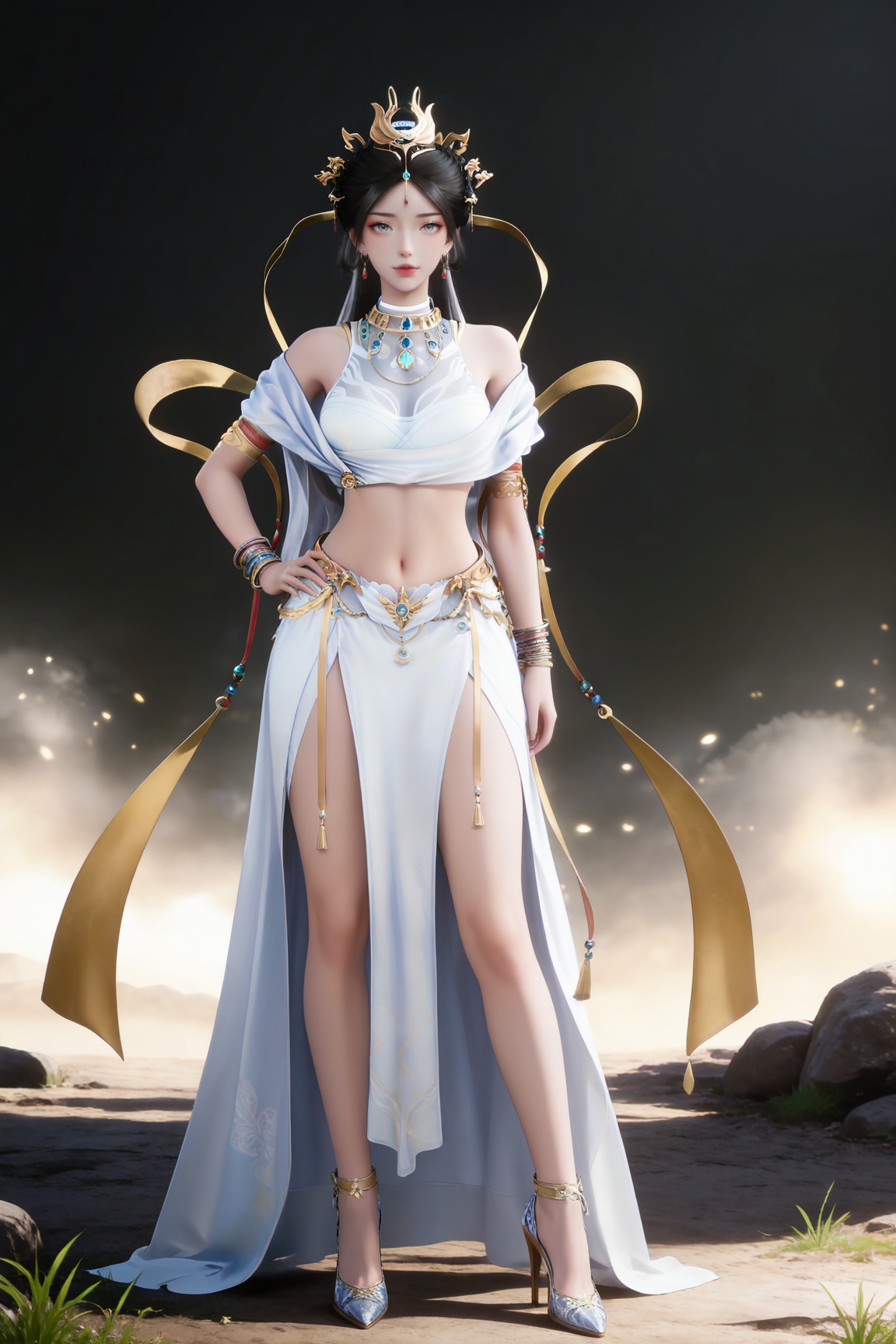 masterpiece,high quality,tall,game cg,highres,(soft light:1.2),(white_skin:0.6),(shiny_skin:0.6),(realistic:1.1),
black hair,long hair,grey eyes,hair_bun,hair_ornament,earrings,necklace,sash,forehead_jewel,crop_top,midriff,navel,see-through cleavage,1girl,solo,bracelet,white skirt,high_heels,full body,,
black_background,simple background,outdoor,looking at viewer,standing,hand on hip,