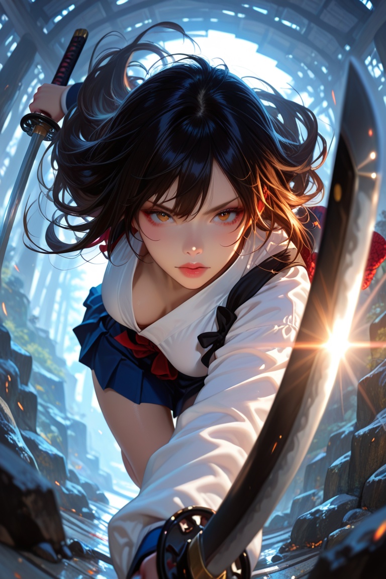 1girl,  dynamic pose,  katana in the foreground by MangSly on Tensor.Art
