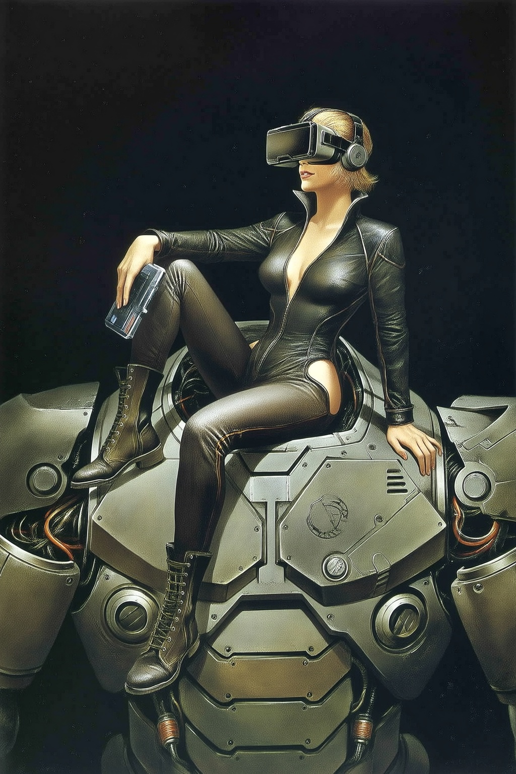 andrewwyeth5q20 painting.  
A striking, futuristic scene depicts a woman dressed in sleek, form-fitting leather attire, sitting confidently atop an open power suit, inspired by the cyberpunk aesthetics of Masamune Shirow. The power suit, a blend of advanced technology and military-grade armor, features intricate mechanical details, exposed wiring, and a robust, yet streamlined design. The woman, wearing a cutting-edge VR headset, exudes a sense of control and mastery over the machine beneath her. Her posture is relaxed yet commanding, with one hand resting on the suit's metallic surface and the other casually holding a piece of advanced tech. 