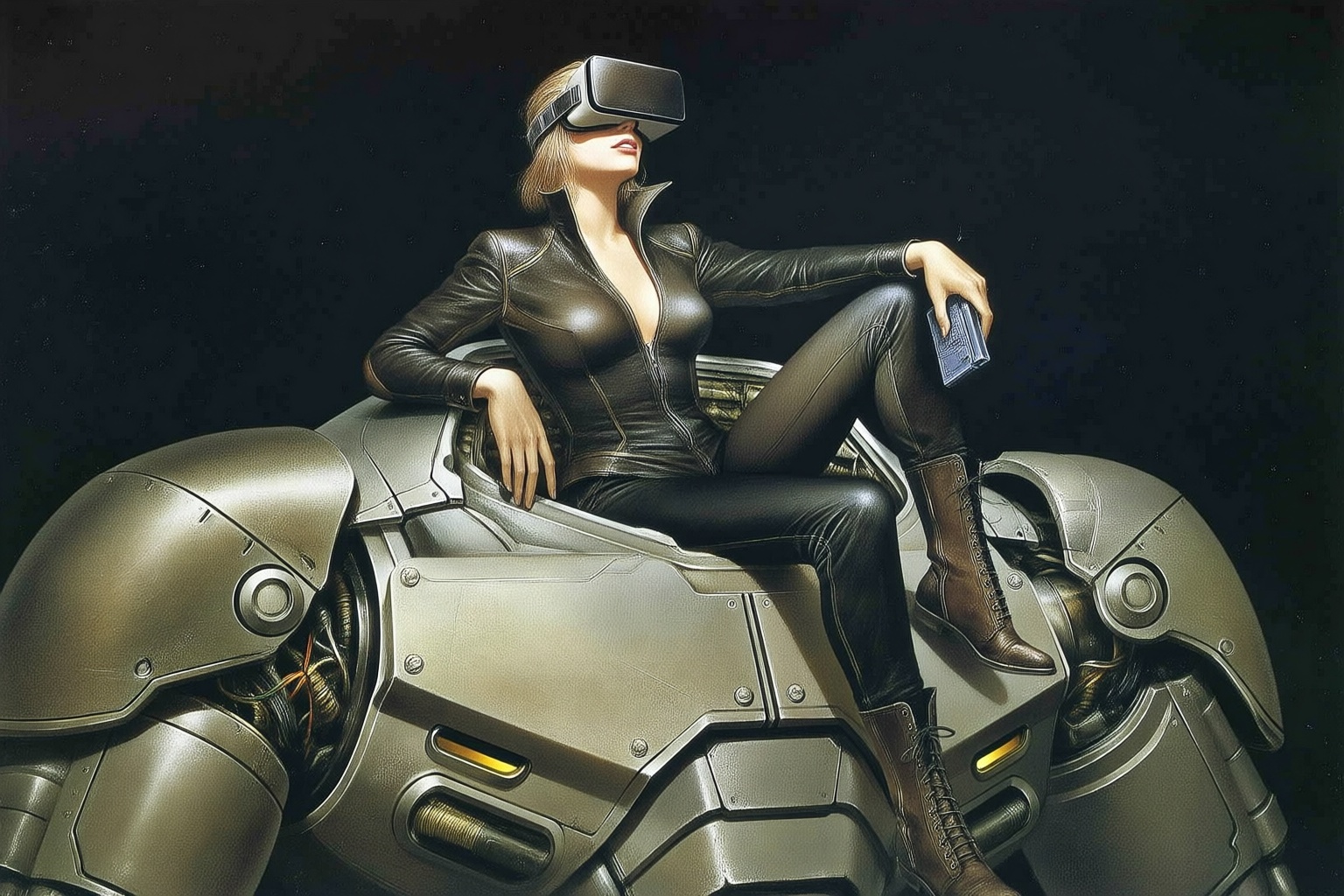 andrewwyeth5q20 painting.  
A striking, futuristic scene depicts a woman dressed in sleek, form-fitting leather attire, sitting confidently atop an open power suit, inspired by the cyberpunk aesthetics of Masamune Shirow. The power suit, a blend of advanced technology and military-grade armor, features intricate mechanical details, exposed wiring, and a robust, yet streamlined design. The woman, wearing a cutting-edge VR headset, exudes a sense of control and mastery over the machine beneath her. Her posture is relaxed yet commanding, with one hand resting on the suit's metallic surface and the other casually holding a piece of advanced tech. 