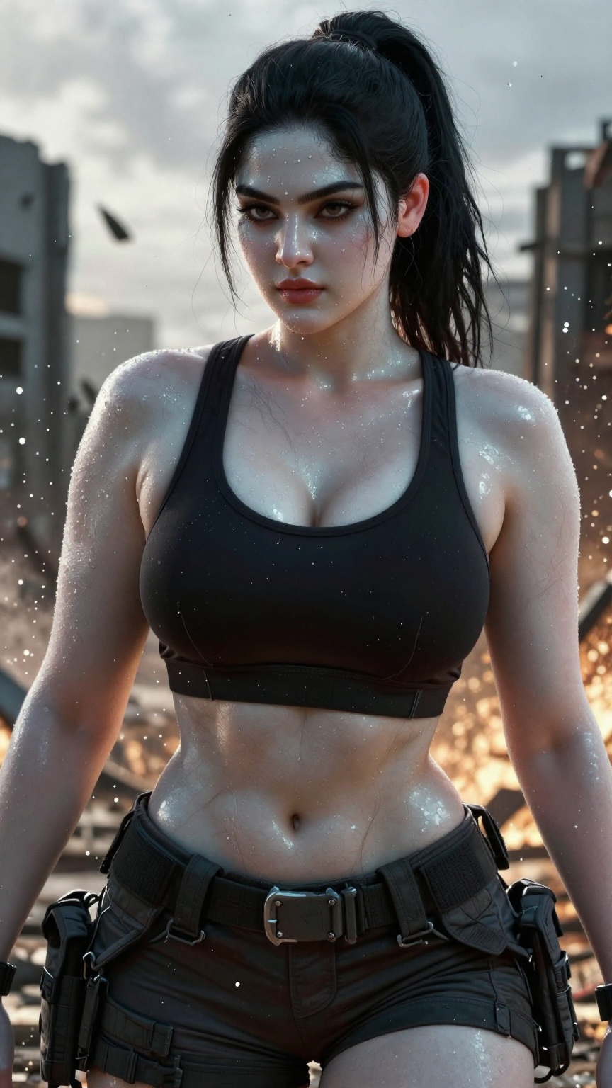 Dynamic CG render of a South Asian woman featuring extreme pale skin contrasting with dark hair pulled into a high ponytai...