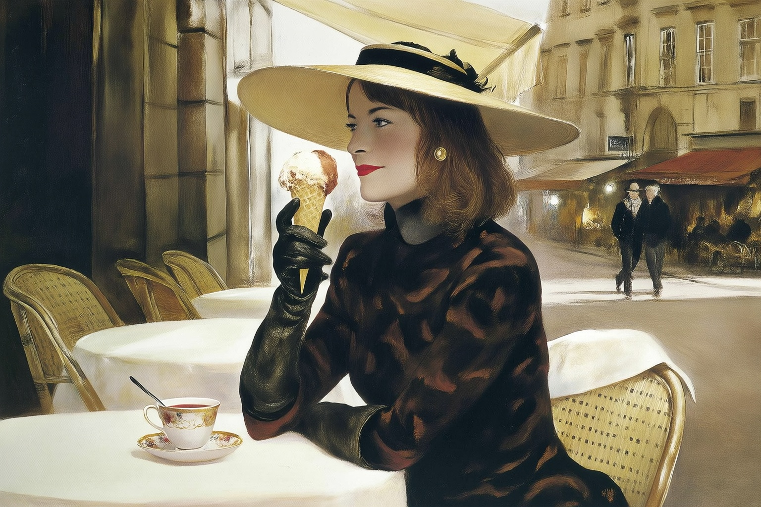 andrewwyeth5q25 painting.  
A woman shown in 3/4 view, with shoulder-length wavy brown hair, looking at the viewer from the corner of her eyes. She is wearing bold red lipstick and a gold earring. She is dressed in a black long-sleeved patterned dress, long black leather gloves, and a wide-brimmed straw hat adorned with a black ribbon and floral detail. She sits at an outdoor cafe table covered in a white tablecloth, holding a waffle cone with vanilla and chocolate ice cream. On the table sits an ornate teacup and saucer with a spoon. The background features a blurred European street scene with warm-toned stone buildings and distant figures. Soft, warm natural light illuminates the scene, highlighting the textures of her gloves and hat. 