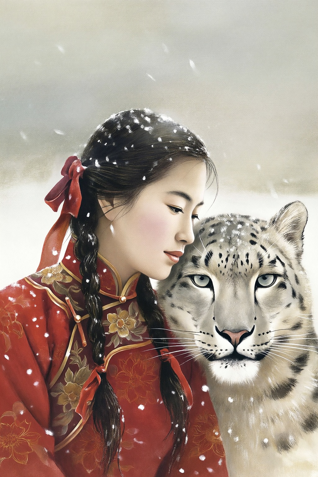 andrewwyeth5q25 painting.  
Close-up of a young woman shown in 3/4 view, with long dark hair, decorated with a red ribbon and dusted with snowflakes, leans her head gently against the side of a majestic snow leopard's head. She wears a rich red traditional Chinese hanfu featuring a high collar and intricate gold floral embroidery. Her expression is calm and contemplative, with a subtle gaze directed downwards. The snow leopard has thick, grey-spotted white fur and piercing, light-colored eyes, facing forward with a steady gaze. Falling snow dots the air and clings to their features. The background is a soft-focus, wintry blur. Soft, diffused lighting enhances the velvety texture of her garment and the coarse fur of the leopard. The mood is serene and ethereal, emphasizing a deep, quiet bond between the two subjects. 