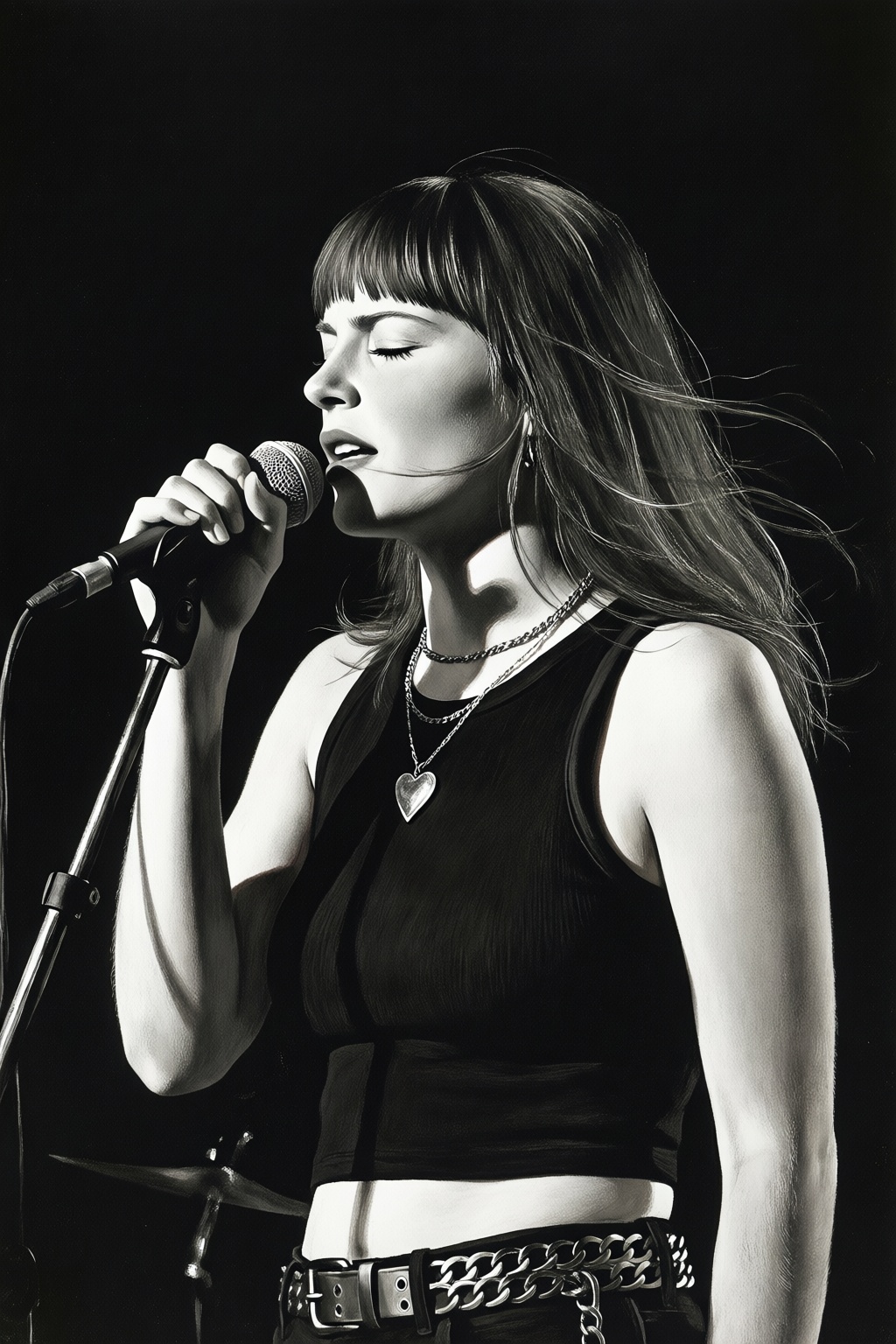 andrewwyeth5q25 painting.  
midjourneyanalog15t photograph. Black-and- white, low-angle shot of a young woman shown in side-profile, singing with intensity in a dark concert setting. She has long, dark hair with straight bangs, caught in motion blur as it flows behind her. Her eyes are closed, and she holds a microphone close to her mouth. She is dressed in a black **** crop top, layered silver chain necklaces with a heart pendant, and a metallic chain belt.