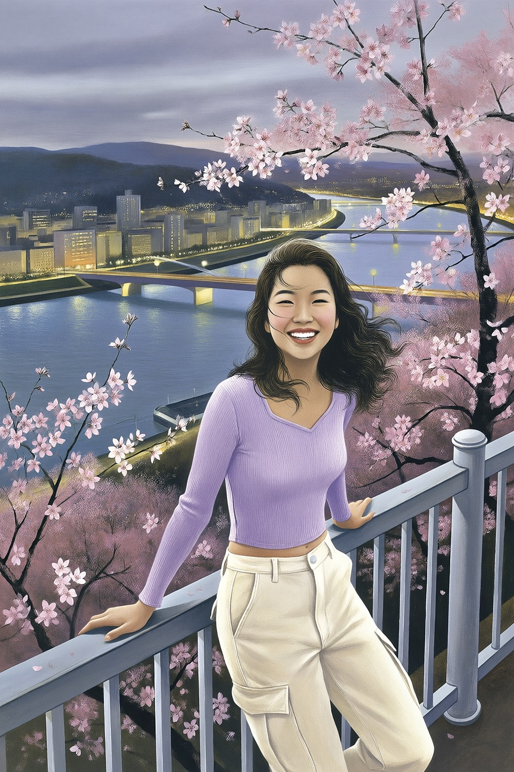 andrewwyeth5q25 painting.  
High-angle portrait of a young East Asian woman with long, flowing wavy dark hair blowing gently. She has a radiant, wide smile and happy expression. She wears a lilac ribbed long-sleeved crop top and cream-colored cargo pants, leaning against a grey metal railing. The setting is an elevated viewpoint overlooking a wide river and a city illuminated with warm lights at twilight. Blooming cherry blossom trees with soft pink petals frame the foreground and the right side of the composition. The background reveals rolling hills under a cloudy, dusky sky. The color palette blends soft purples and pinks with the warm glow of city lights against cool blue tones.
