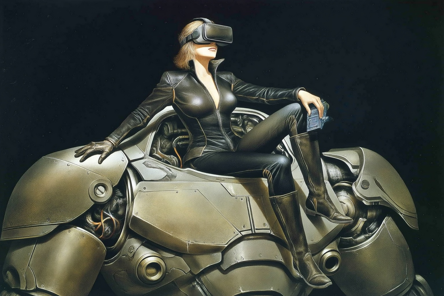 andrewwyeth5q25 painting.  
A striking, futuristic scene depicts a woman dressed in sleek, form-fitting leather attire, sitting confidently atop an open power suit, inspired by the cyberpunk aesthetics of Masamune Shirow. The power suit, a blend of advanced technology and military-grade armor, features intricate mechanical details, exposed wiring, and a robust, yet streamlined design. The woman, wearing a cutting-edge VR headset, exudes a sense of control and mastery over the machine beneath her. Her posture is relaxed yet commanding, with one hand resting on the suit's metallic surface and the other casually holding a piece of advanced tech. 