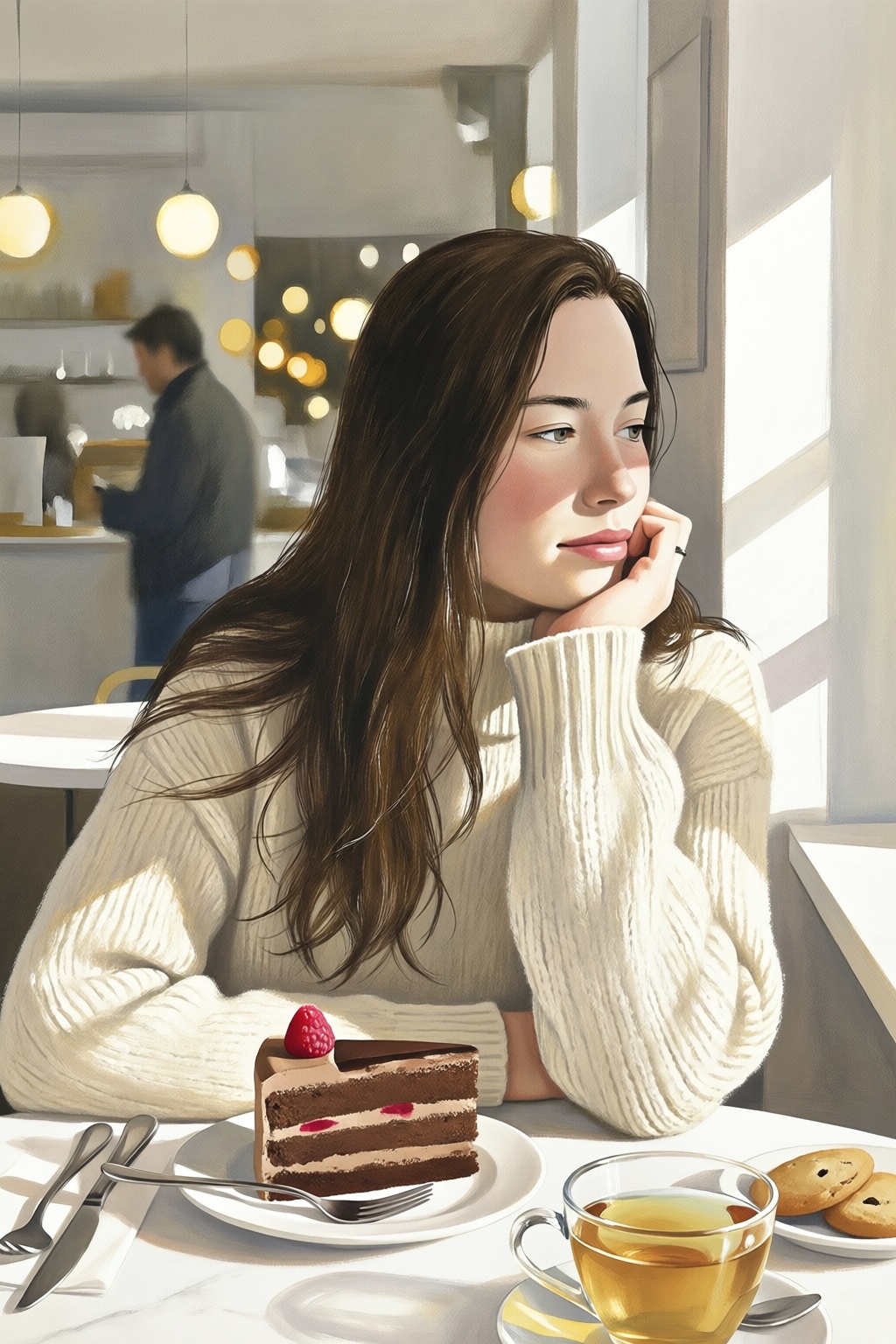 andrewwyeth5q25 painting.  
Young woman with long, flowing dark brown hair and a gentle, pensive expression. She sits at a white marble cafe table, her chin resting on her left hand. She wears a thick, cream-colored, chunky knit sweater. In the foreground, a slice of layered chocolate and cream cake topped with a single red raspberry sits on a white plate next to silver utensils. A clear glass cup of pale tea and small cookies on a saucer are positioned nearby. The background is a softly blurred, minimalist cafe interior with warm bokeh lights and a distant figure. Natural, bright side-lighting illuminates the scene, highlighting the soft textures of the sweater. The color palette consists of soft neutrals, whites, and warm browns, creating a serene and cozy mood. 