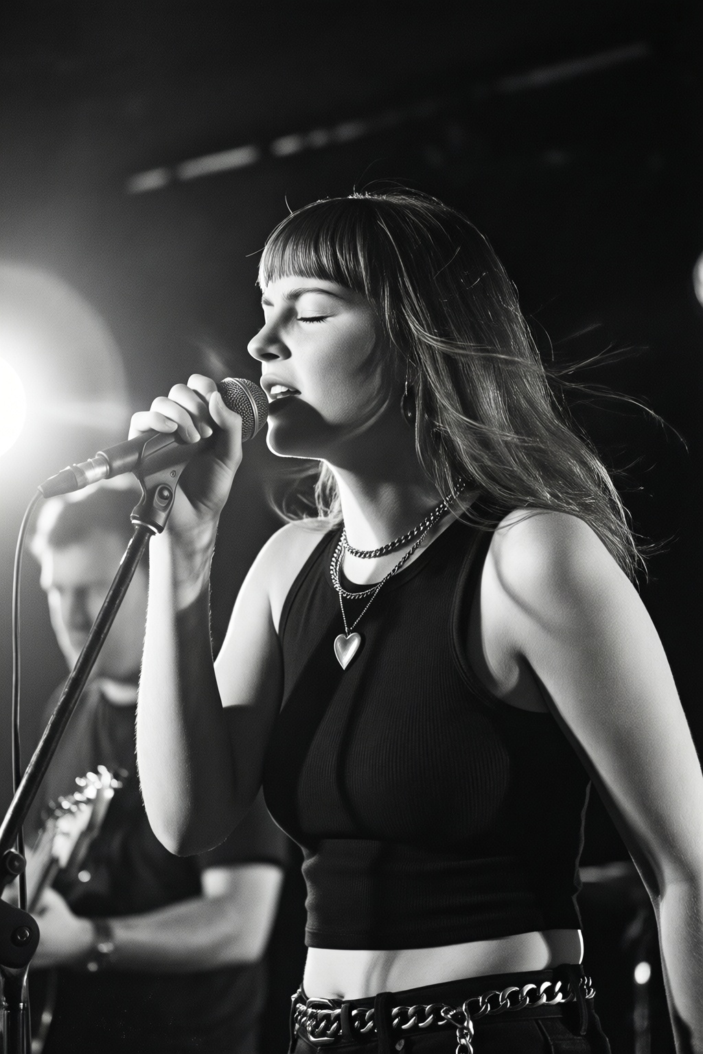 andrewwyeth5q25 painting.  
midjourneyanalog15t photograph. Black-and- white, low-angle shot of a young woman shown in side-profile, singing with intensity in a dark concert setting. She has long, dark hair with straight bangs, caught in motion blur as it flows behind her. Her eyes are closed, and she holds a microphone close to her mouth. She is dressed in a black **** crop top, layered silver chain necklaces with a heart pendant, and a metallic chain belt. The scene is illuminated by a powerful, soft light from the left, creating a luminous halo and high-contrast highlights. This photograph uses intentional motion blur to capture a sense of dynamic energy and raw emotion. In the background, a heavily blurred figure is partially visible. The overall mood is visceral and evocative of a live musical performance.