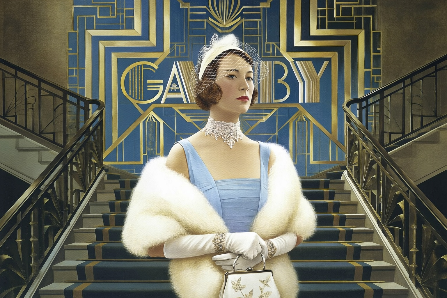 andrewwyeth5q25 painting.  
Medium shot of a 1920s young woman with a stoic expression, standing in a grand Art Deco interior. She has short brown hair in finger waves, topped with a white mesh fascinator. She wears a light blue sleeveless dress paired with a thick, white fur stole draped over her shoulders. Her accessories consist of an intricate diamond collar, long white silk gloves with jeweled cuffs, and a small white embroidered clutch bag. Behind her is a symmetrical blue and gold wall featuring the word "Gatsby" in stylized gold letters, flanked by golden fan patterns, positioned above a wide staircase. 