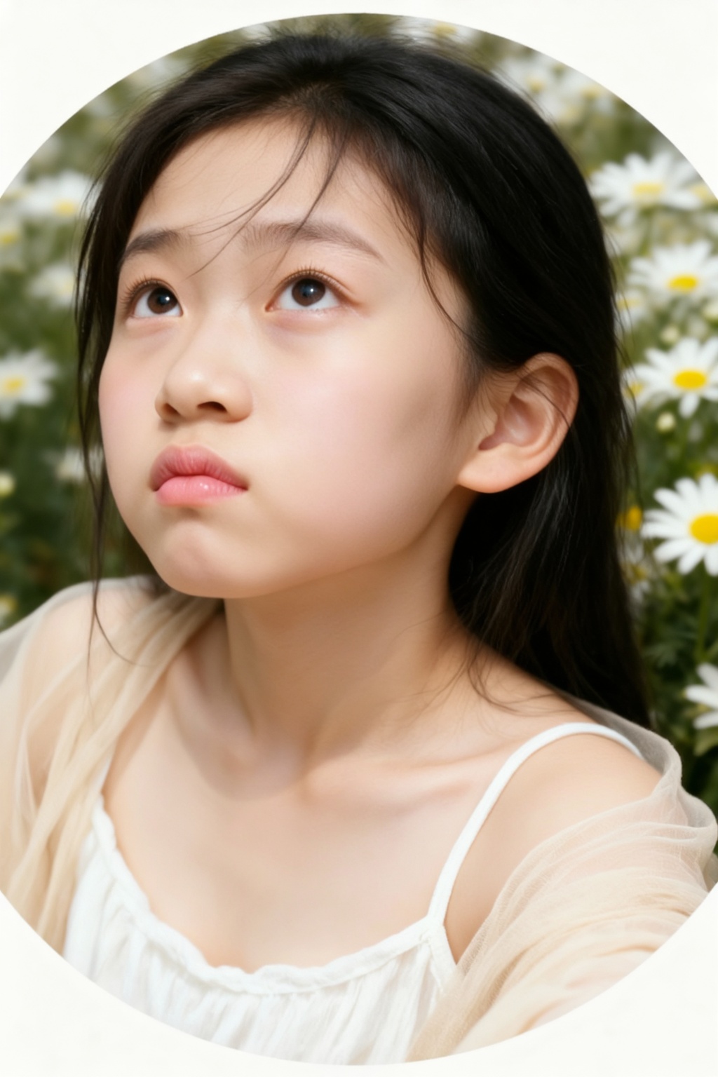 13岁东亚少女,  高角度俯拍胸像（俯拍凸显苹果肌饱满幼态,  肩颈呈柔和的弧形 on Tensor.Art