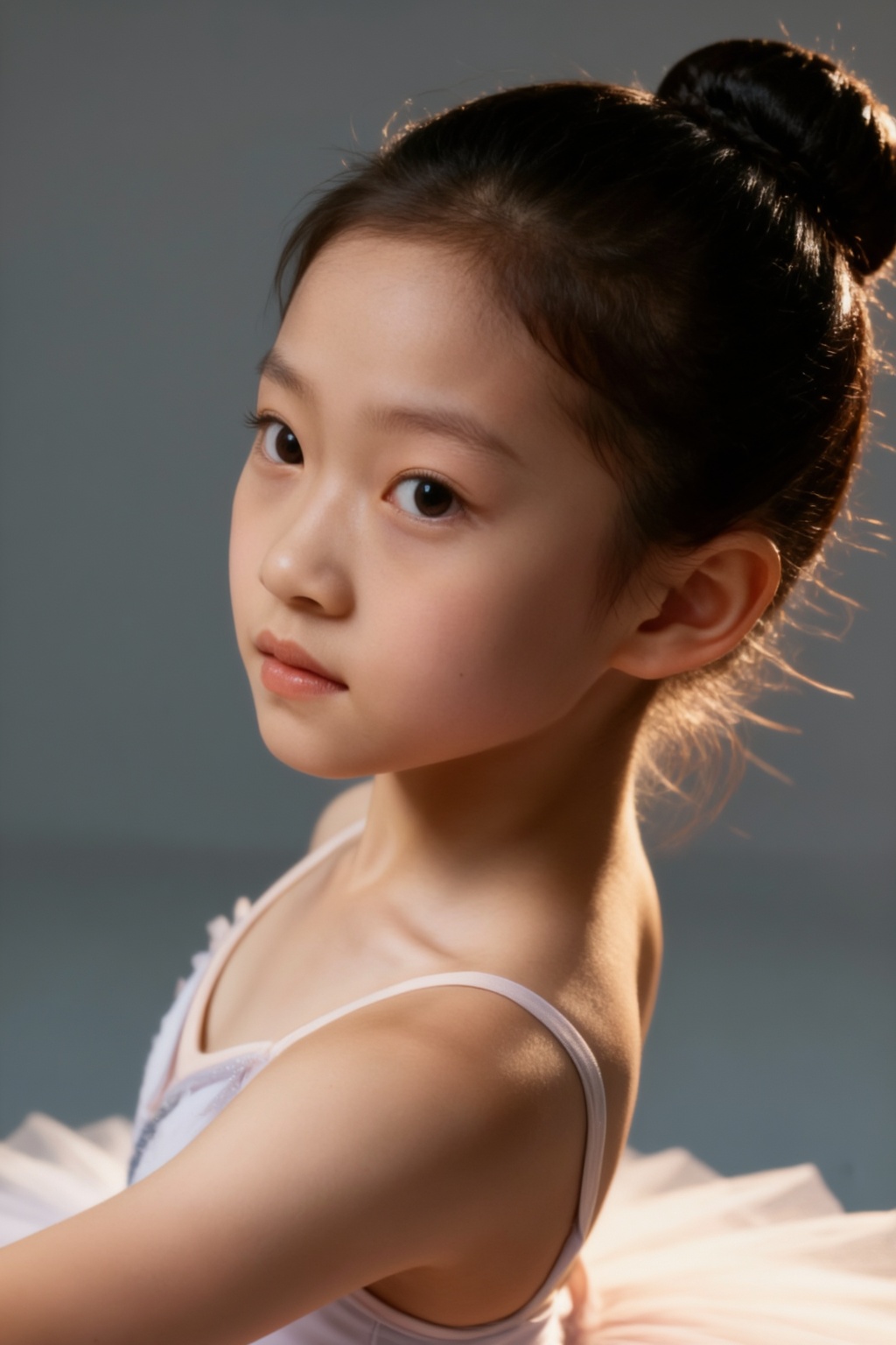 10yo girl.略微侧身的半身构图,  兼顾面部与身形比例,  芭蕾发髻 on Tensor.Art