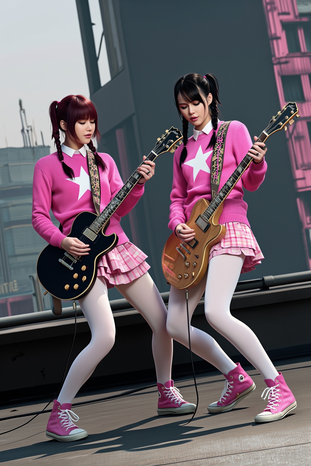 Two female twins,  with braids,  playing electric rock guitar on Tensor.Art