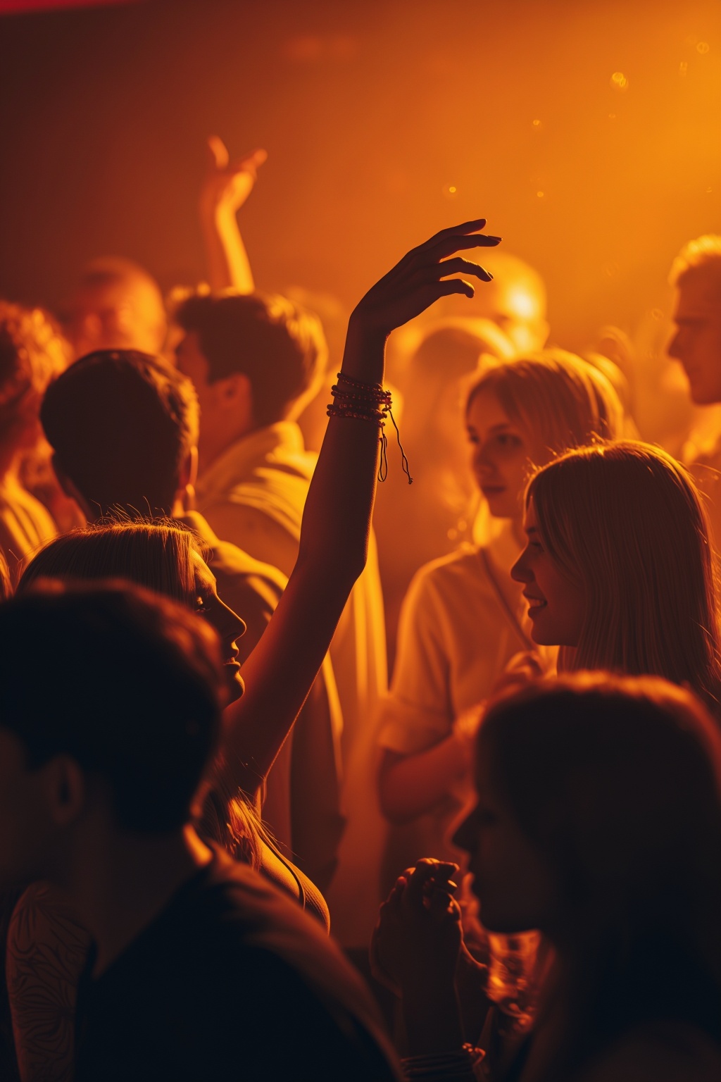 A captivating and atmospheric image captures a lively party scene,  where a crowd is immersed in the moment,  with a focus...
