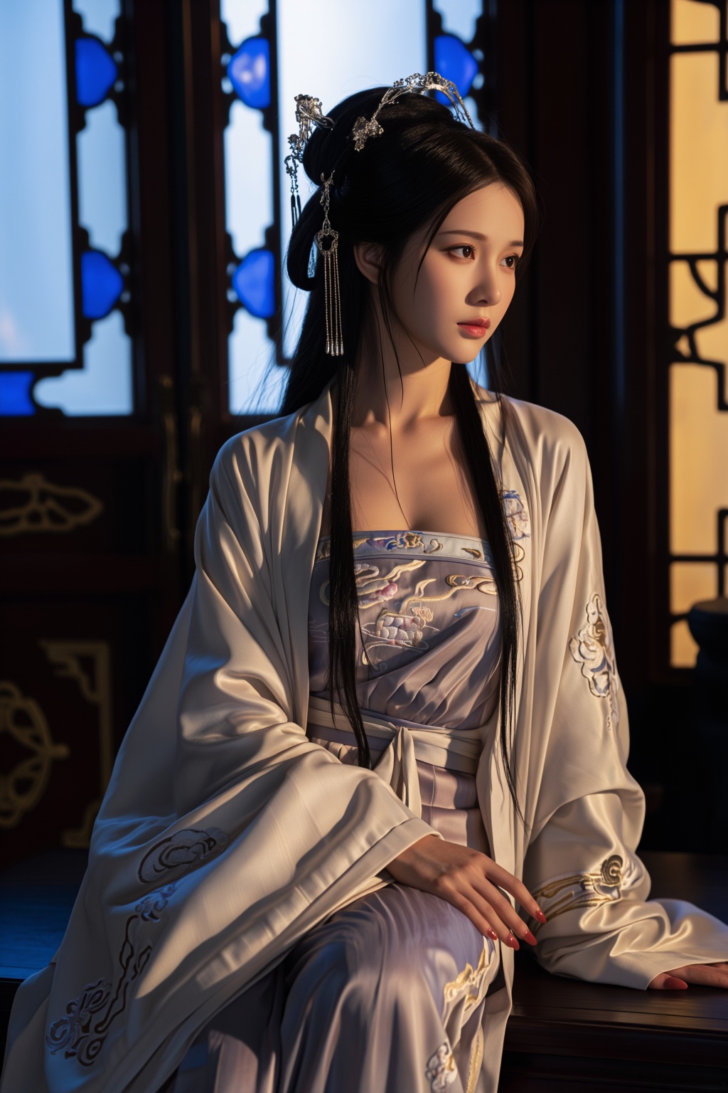 一位身着精致汉服的东方古典美人端坐于古雅室内,  她乌黑如墨的长发高高盘起,  发髻上点缀着精美的银质发簪和流苏装饰 on Tensor.Art