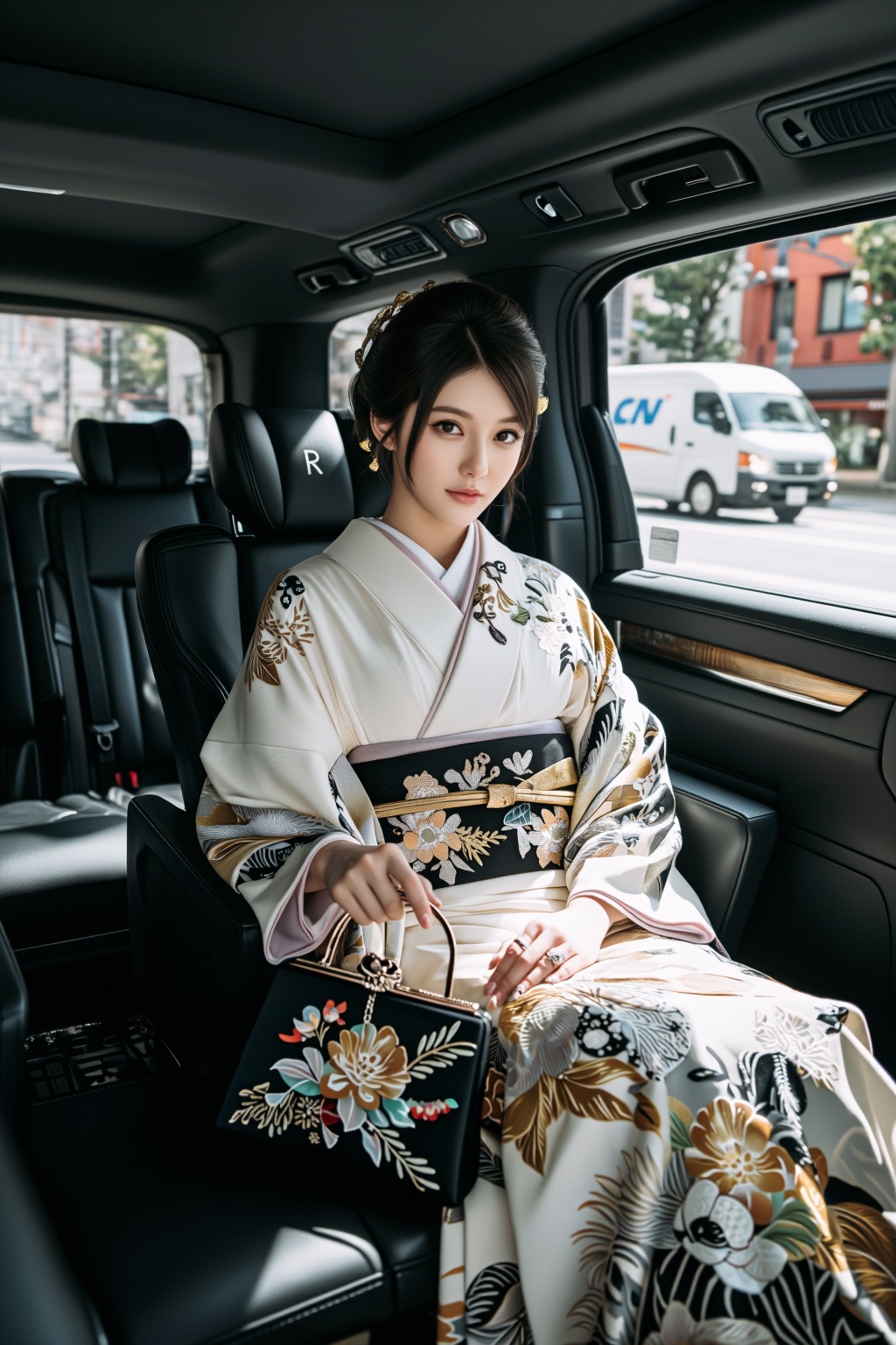 一位年轻女性端坐于豪华轿车后座,  身着精致华美的和服,  和服以米白色为底 on Tensor.Art