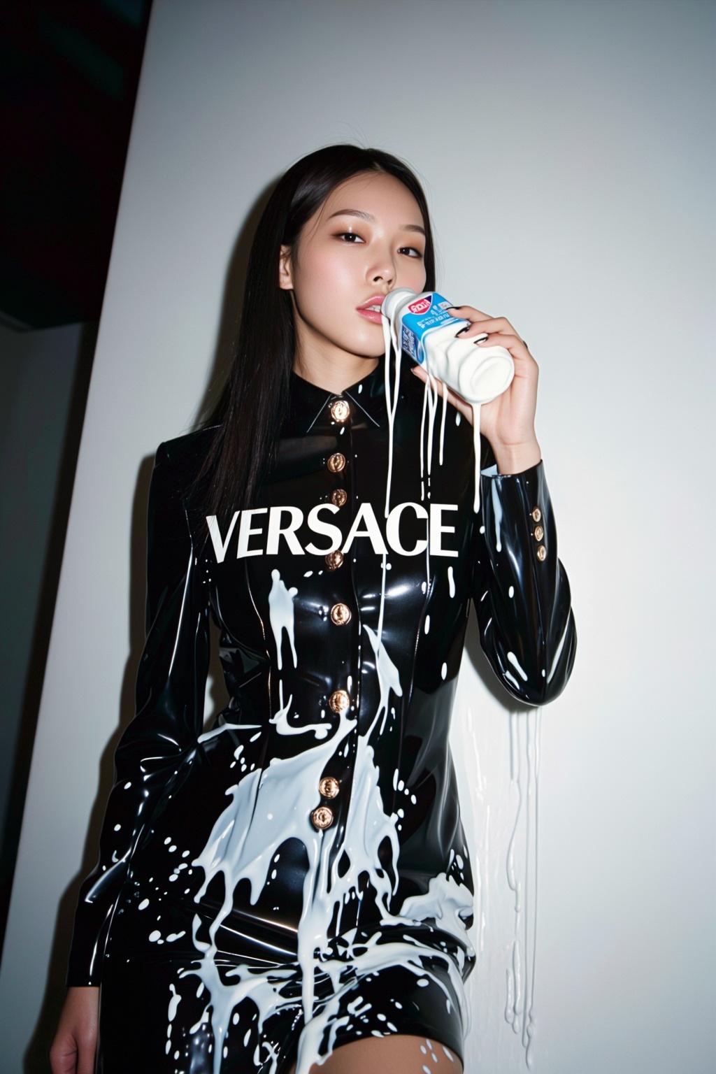 asian model wearing plastic Versace,  wall of milk,  drinking it spilled on Tensor.Art