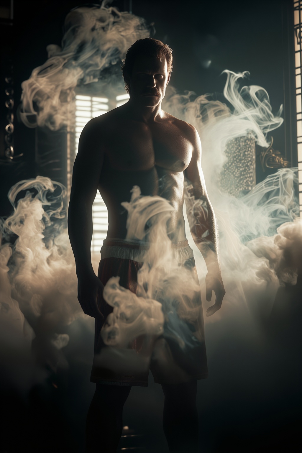 Hyperrealistic art cinematic film still,  man burly dressed gym shorts,  mustache on Tensor.Art