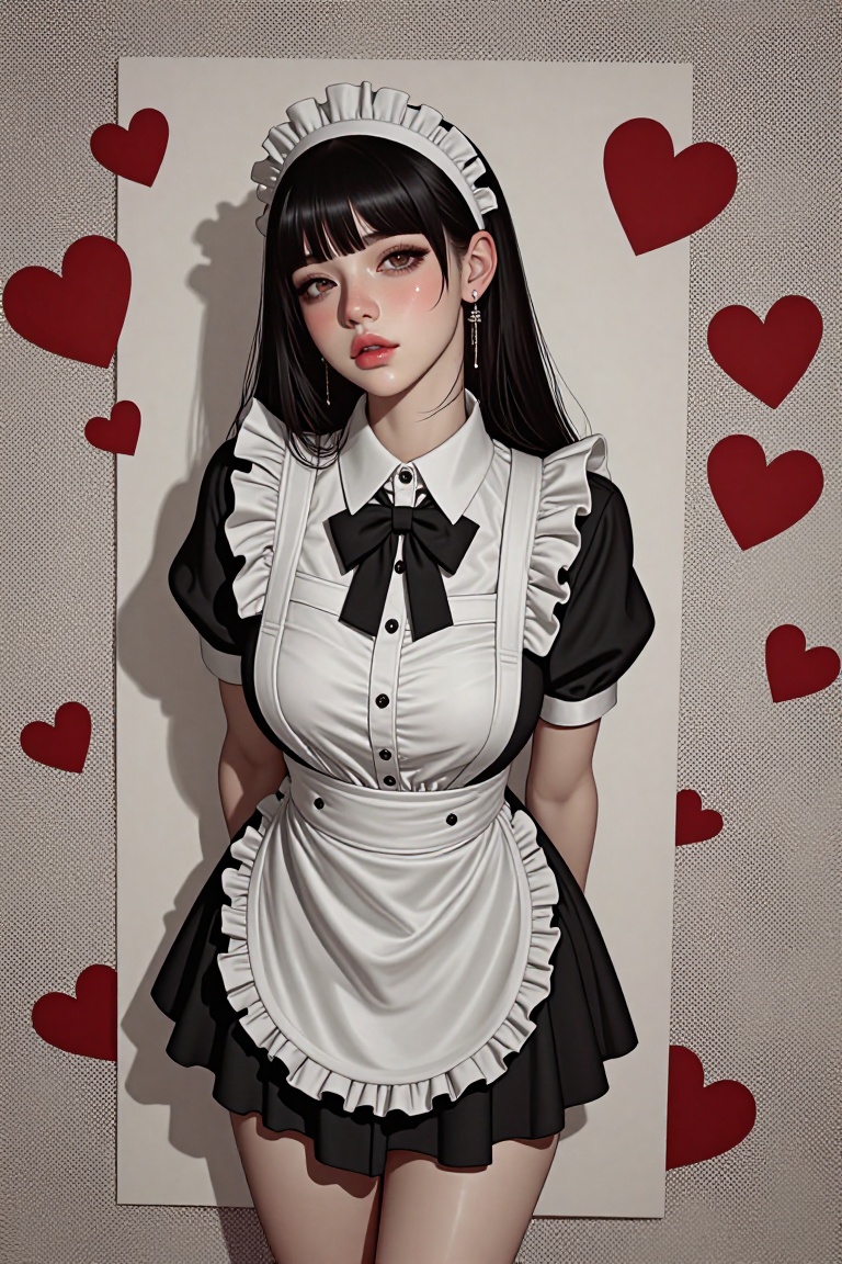 Create a stunning editorial high-fashion image of a woman dressed in a black and white maid outfit. She wears a black bow...