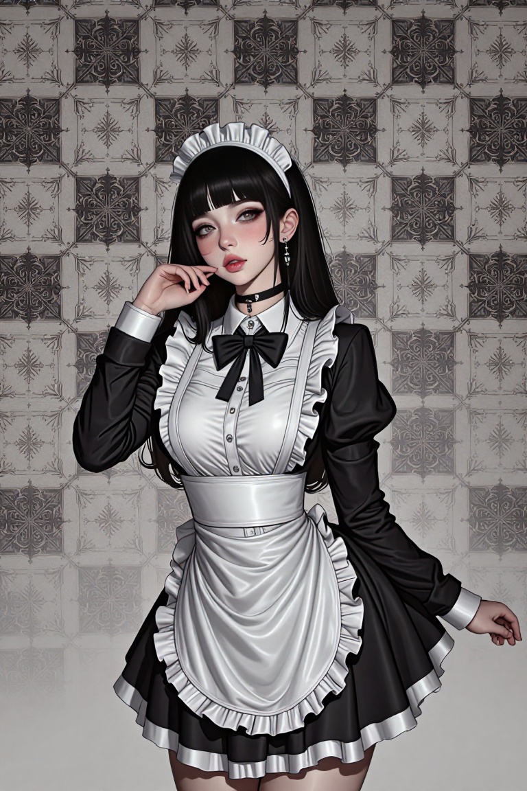 a woman dressed in a maid outfit is stunning. She is wearing a black and white maid outfit,  adorned with a black bow tie,...