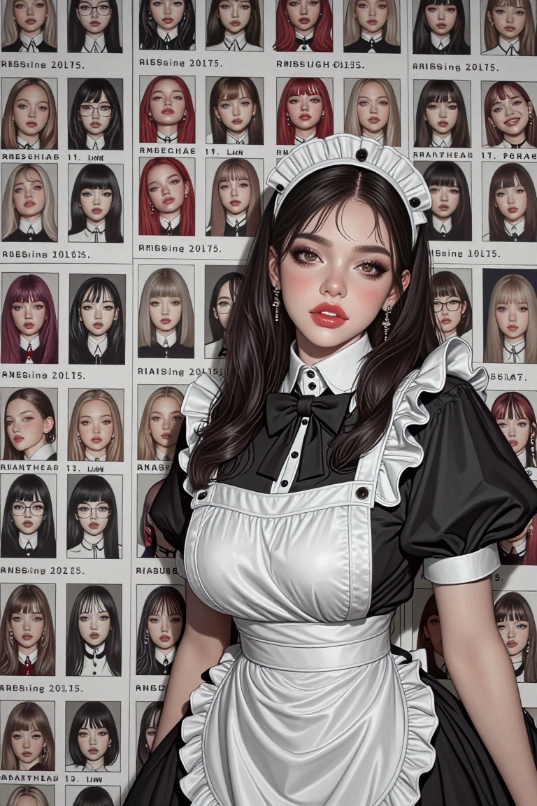 Create a stunning editorial high-fashion image of a woman dressed in a black and white maid outfit. She wears a black bow...