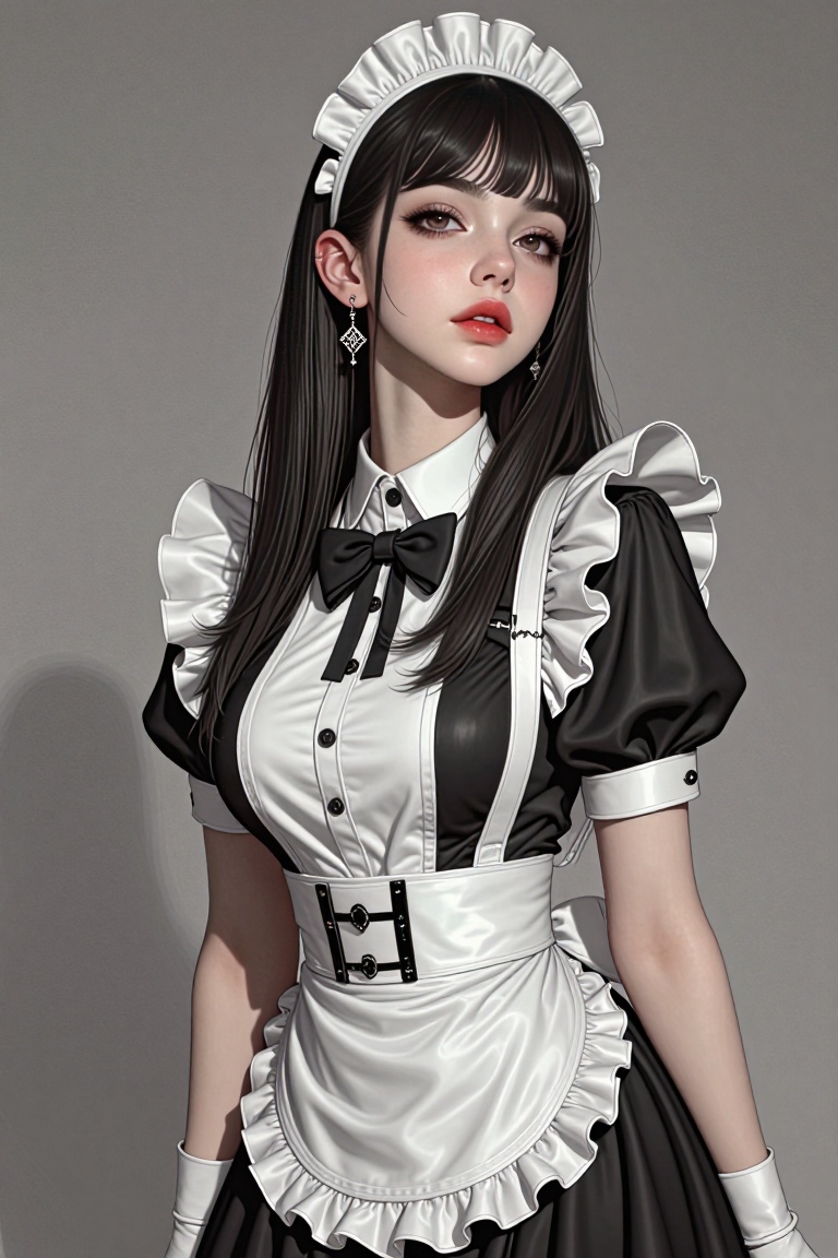 Create a stunning editorial high-fashion image of a woman dressed in a black and white maid outfit. She wears a black bow...