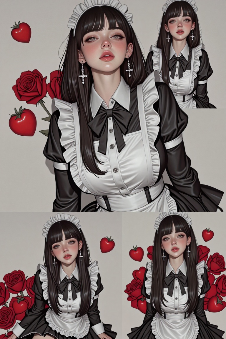 Create a striking image of a woman dressed in a stunning black and white maid outfit. She wears a black bow tie,  a white...
